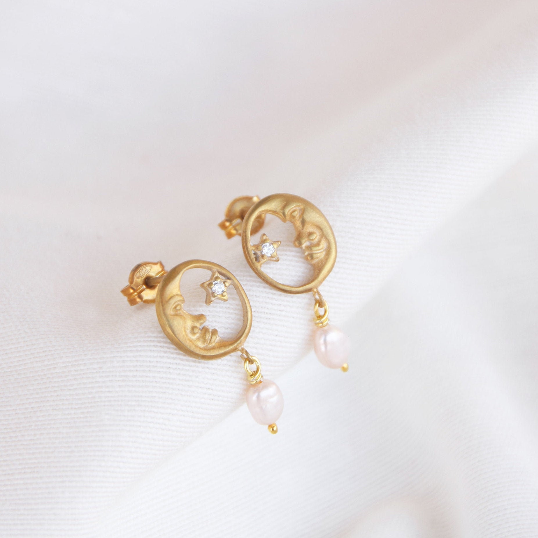 Crescent Cz Moon Pearl Stud Earrings, Delicate Sterling Silver Half Moon Celestial Earrings