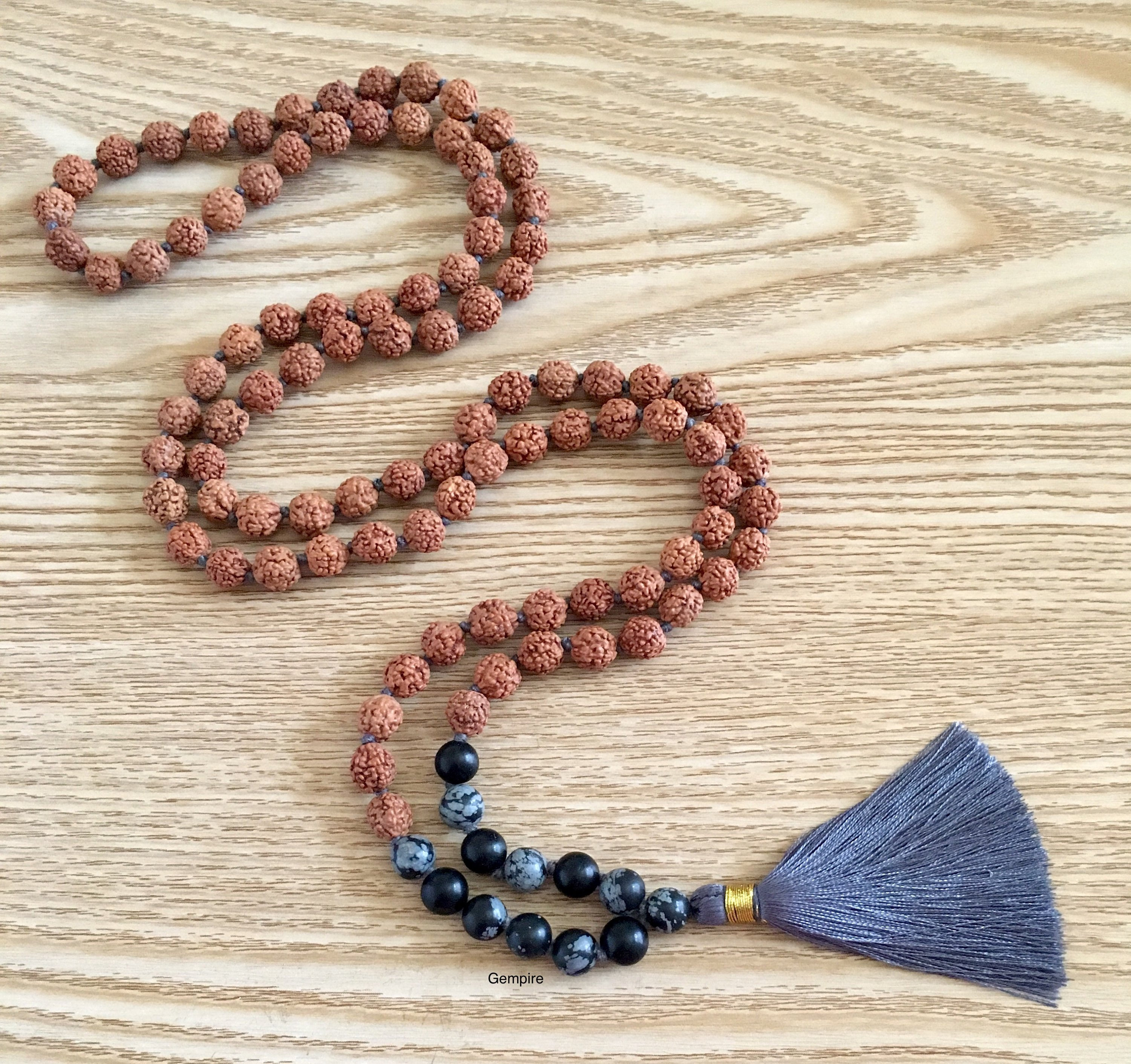 Rudraksha Mala - Snowflake Obsidian Necklace 8 Mm, 108 Japa Mala, Knotted Prayer Beads, Mens Necklace, Black Gemstone Yoga