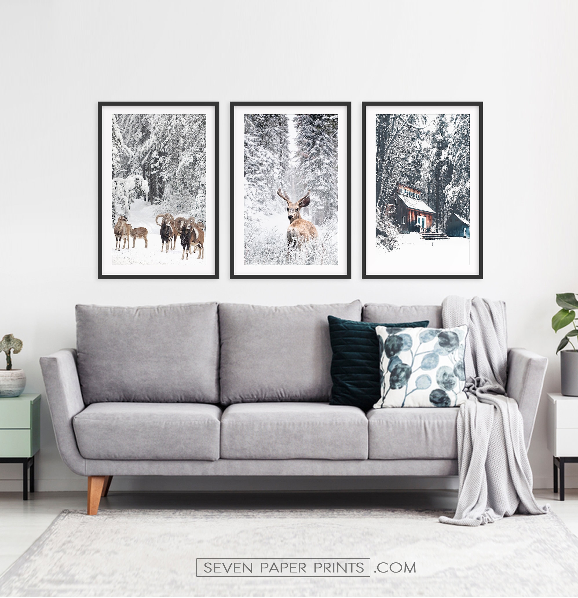 Christmas in Forest Framed Set Of 3, Snowy Landscape With Rams, Deer & Old Barn, Winter Prints Wild Animals For Dcor
