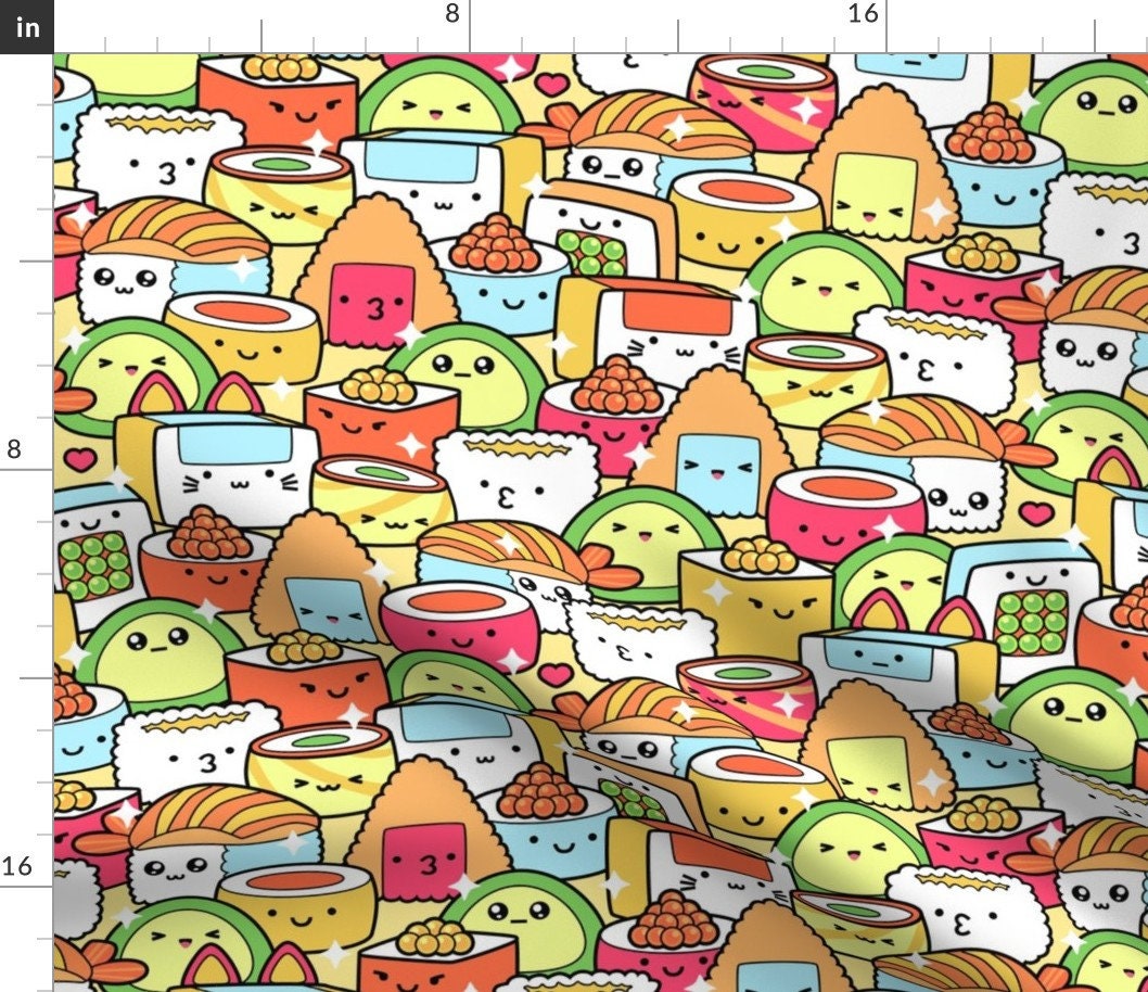Cutesy Fabric - Colorful Kawaii Sushi With Sparkles By Hollybender Japanese Food Seafood Cotton The Yard Spoonflower
