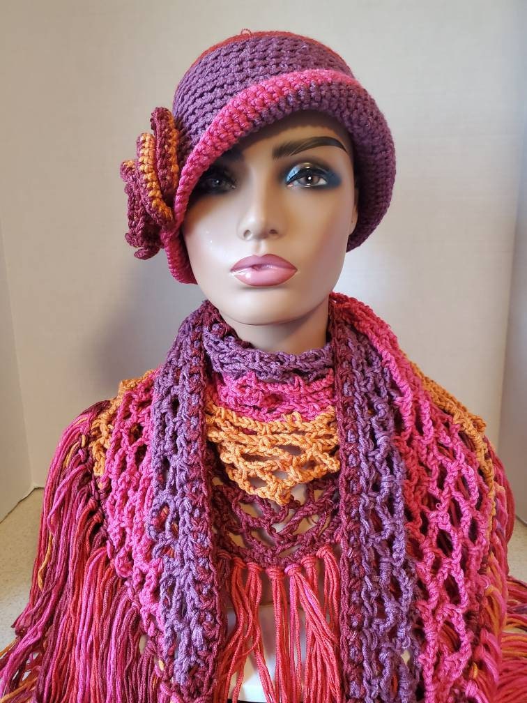 Pink & Purple Blend - Cap Scarf Cowl Shawl Handmade Crochet Set-Bucket Hat Set