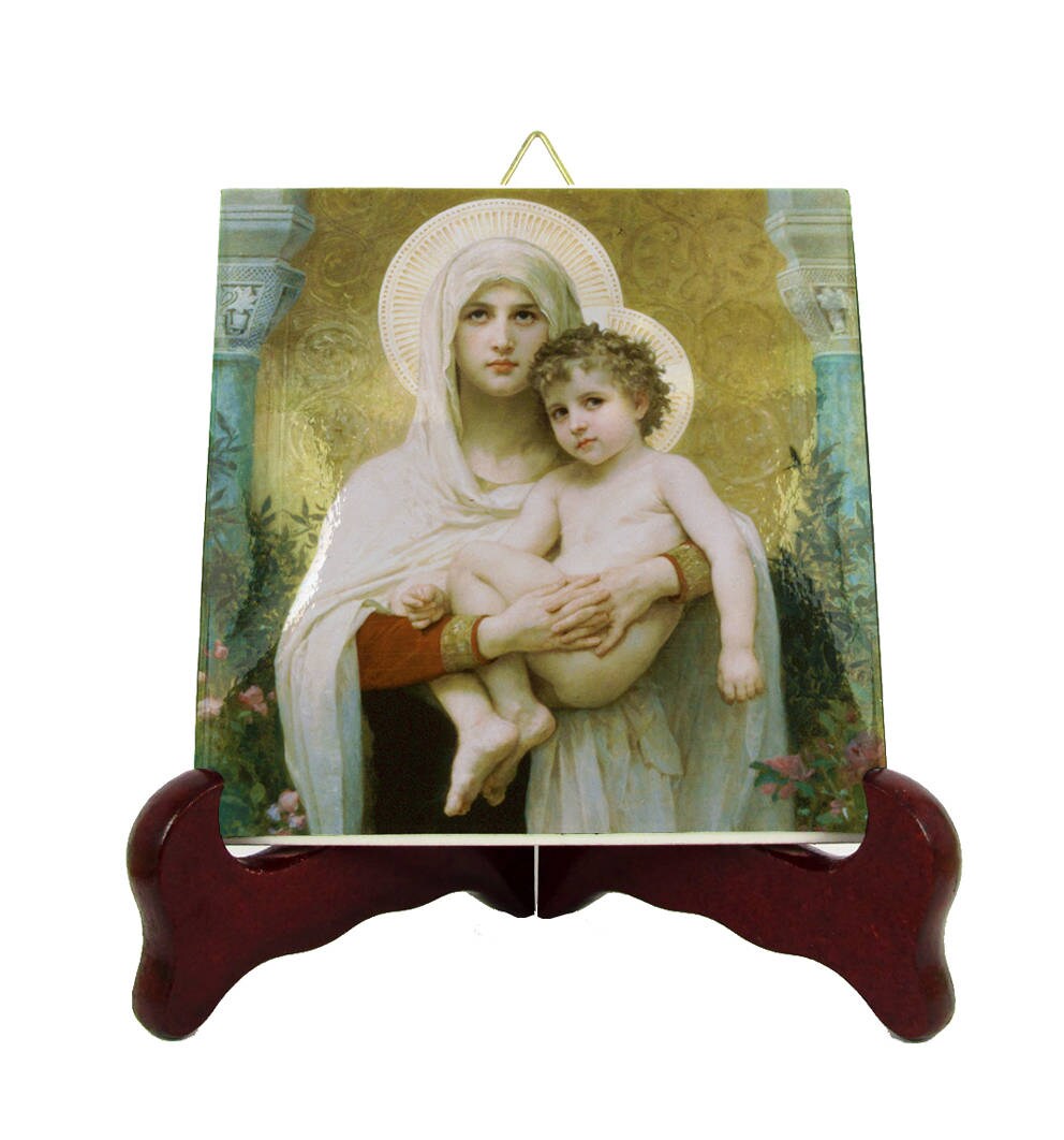 Bouguereau - Madonna Of The Roses Virgin Mary Icon On Ceramic Tile Religious Gifts & Child Catholic Art Handmade in Italy