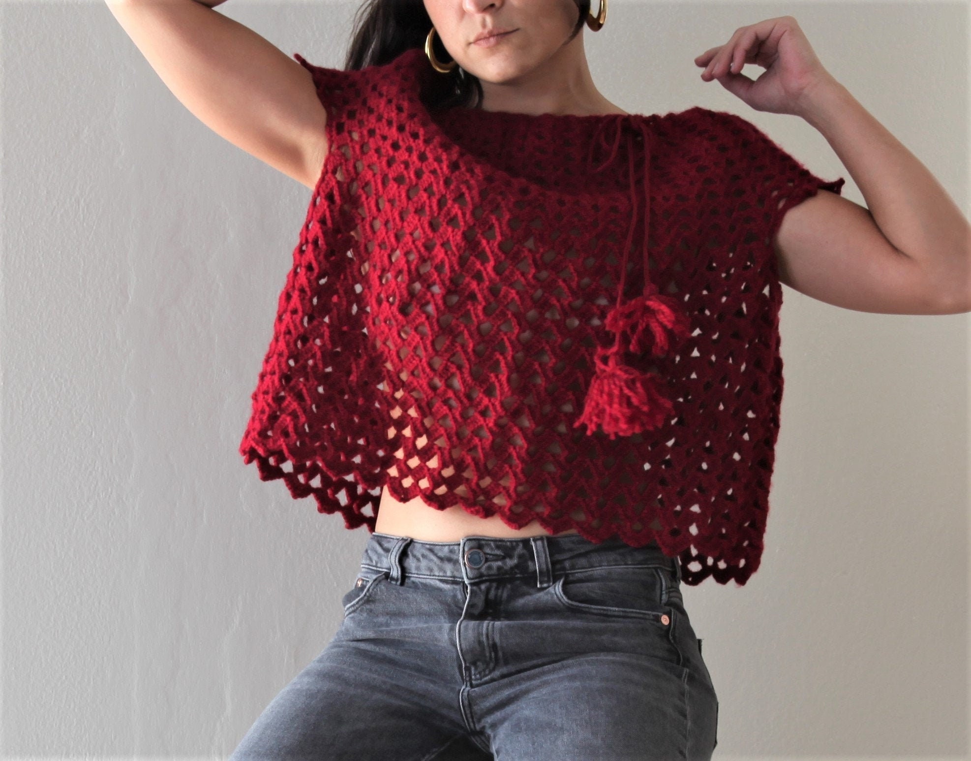 Handmade Burgundy Red Wool Blend Crochet Knit Oversized Blouse, Top