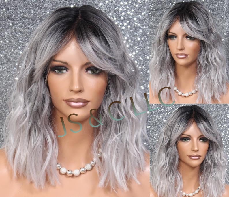 Grey Mixed Wavy Human Hair Blend Lace Front Wig Center Part With Full Bangs Loose Natural Wavey Heat Ok Cancer Alopecia Theatrical Emo Anime