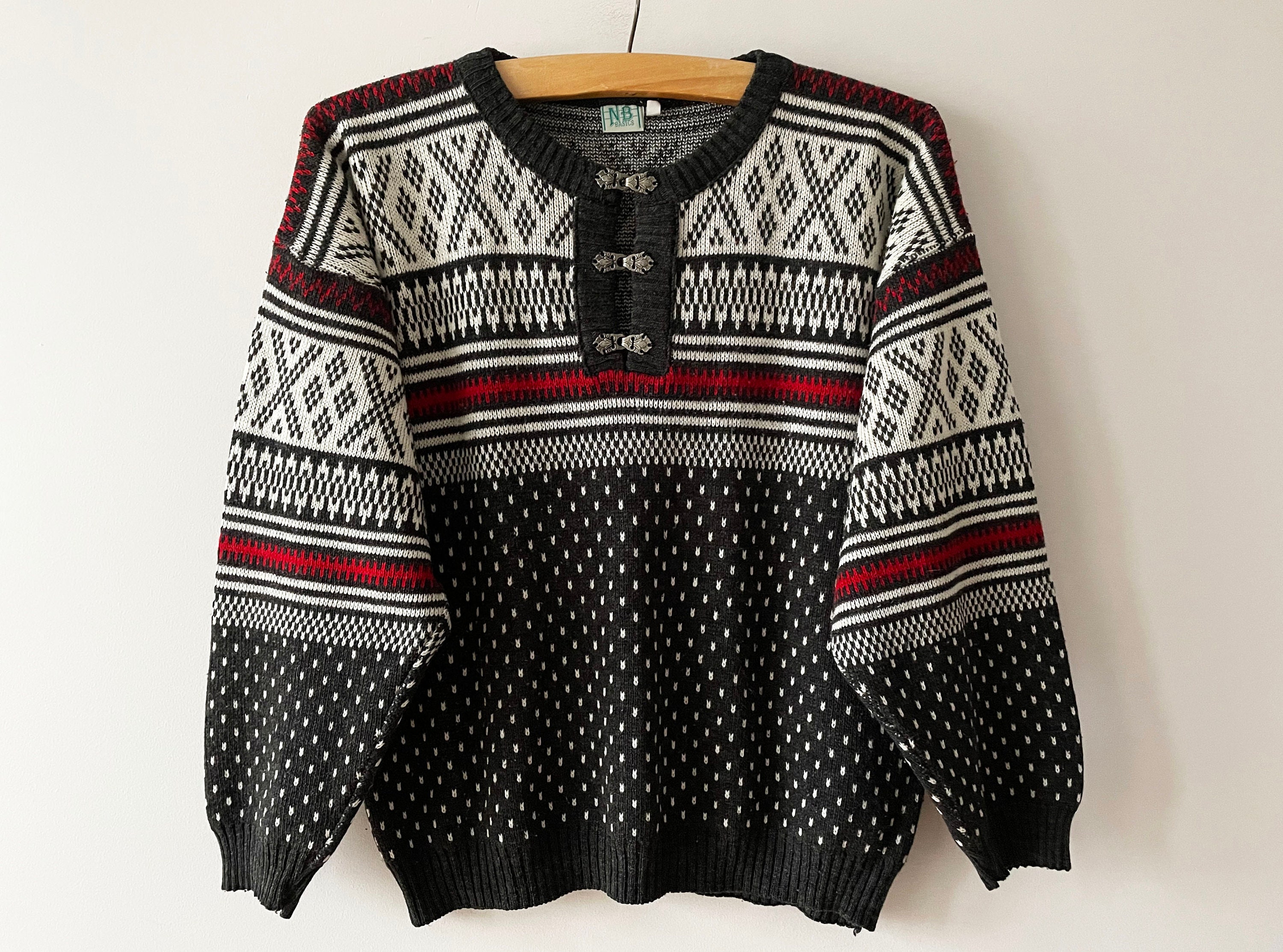 90S Men Nordic Sweater Knit Wool Blend Scandinavian Design Pullover Hooks Closure Patterned Winter Ski Gift For Him Her Medium