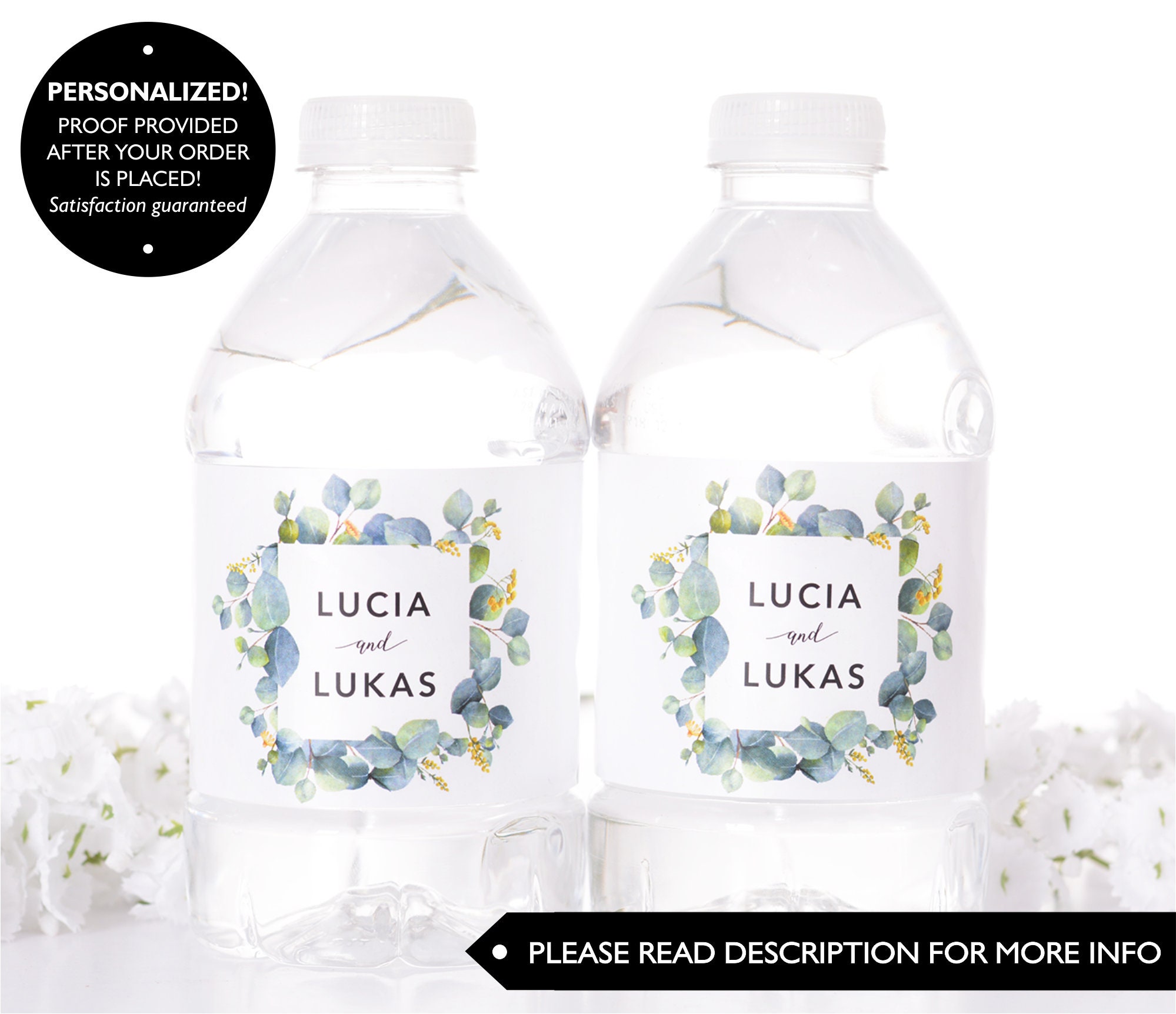 Custom Wedding Water Labels - Waterproof Stickers Bottled Bottle Wraps Eucalyptus #wdiw-272