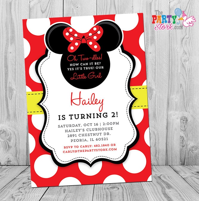 Minnie Mouse Birthday Invitations | Printable Girls Party Invitation Red Black Yellow Two Year Old, 2 Years, Oh Two-Dles, Twodles Diy