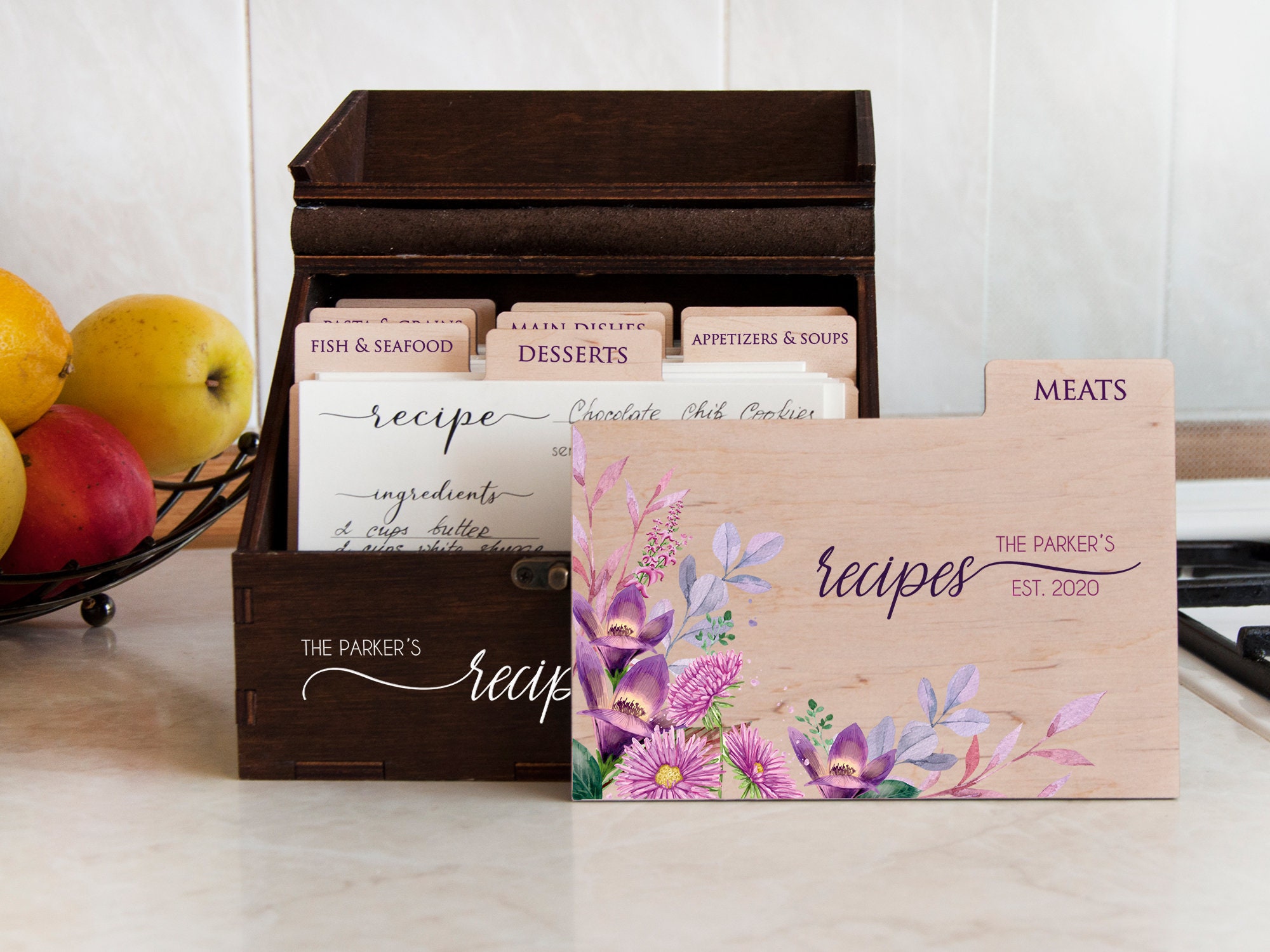 Personalized Recipe Box With Floral Printable Dividers Wedding Gift For Daughter Custom Card Mothers Day Wooden