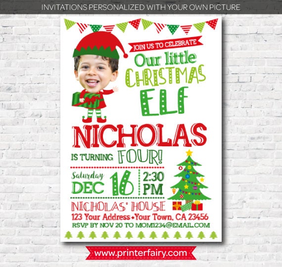 Personalized With Your Picture, Little Elf Birthday Invitation, Christmas Party, Digital, You Print