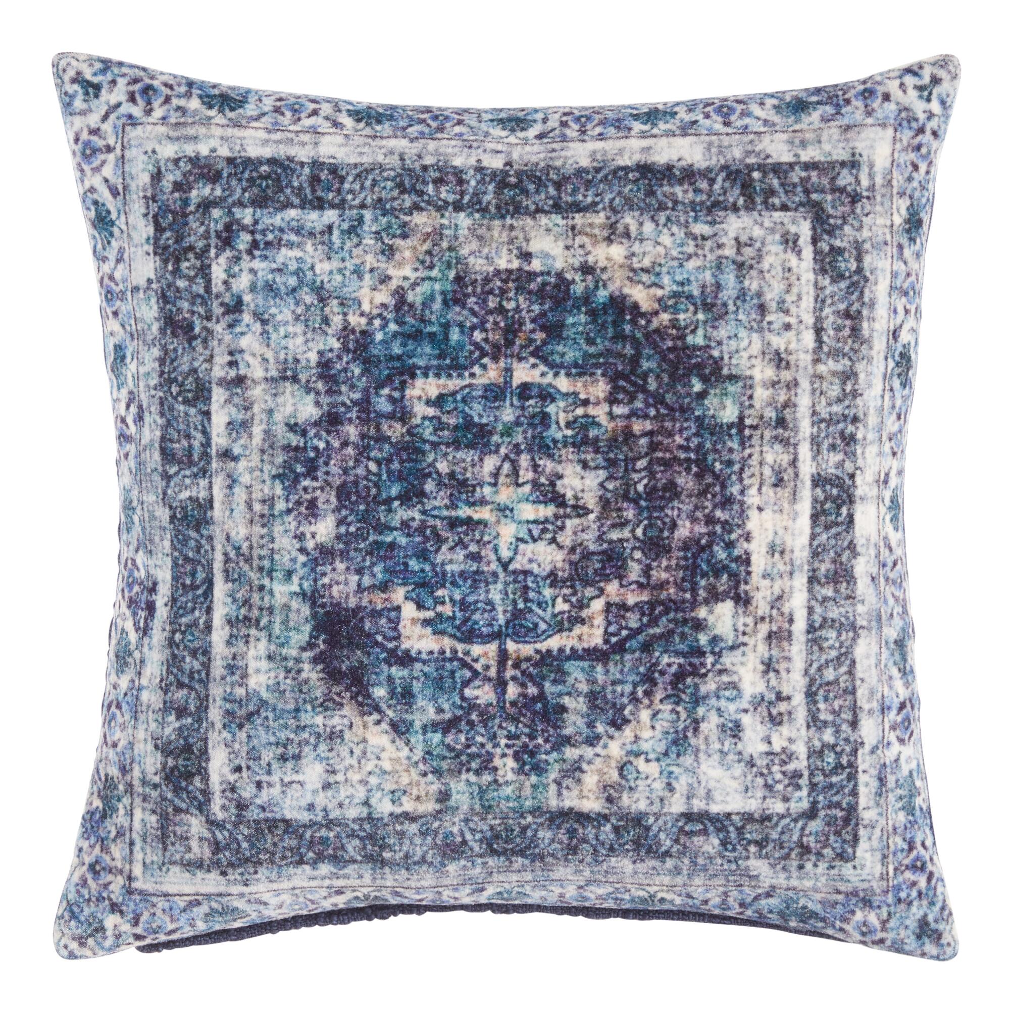 Indigo Distressed Persian Rug Print Throw Pillow: Blue - Cotton - 18" Square by World Market