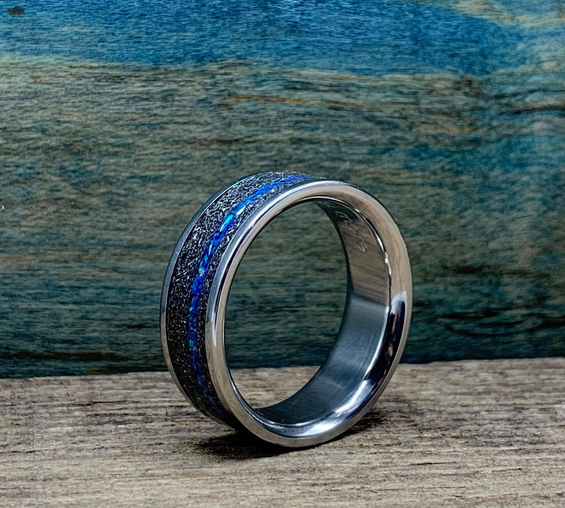 Meteorite & Opal Wedding Band - Men's Titanium Ring With Gibeon Custom Made To Order