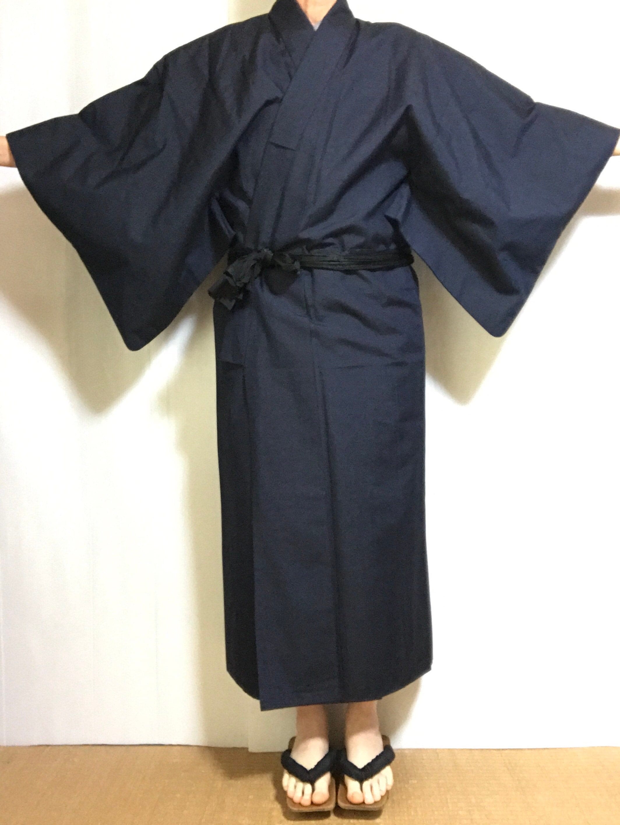 Mens Kimono Robe Japanese Wool Blend Excellent Vintage Long Oriental Dressing Gown Navy Blue Size M - Express Shipping Included