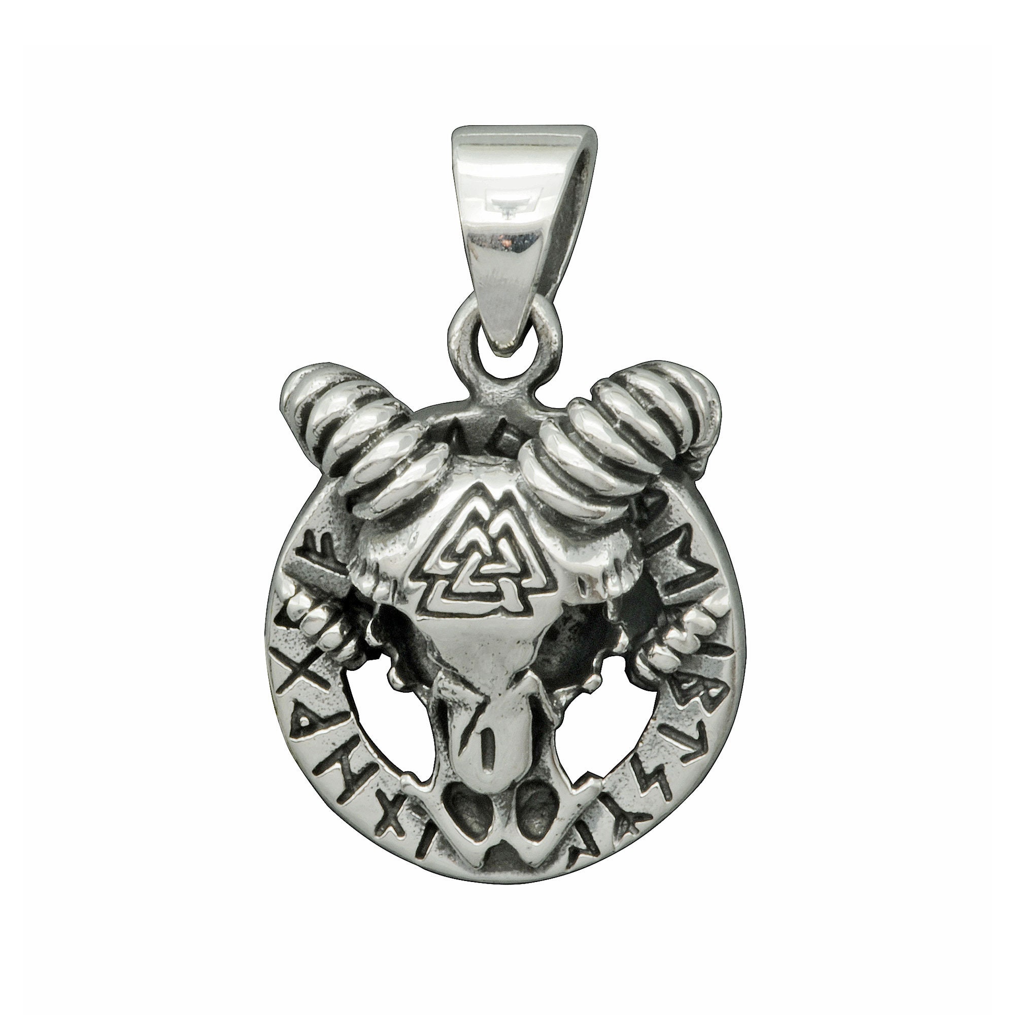 Beldiamo 5.5 925 Sterling Silver Ram Skull Goat Head Valknut Runes Wicca Pagan Handmade Pendant