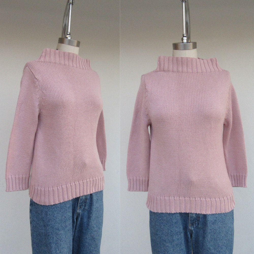 90S Cotton Blend Blush Pink Pullover Long Sleeve Cropped Sweater Top Blouse | Jumper High Neck Mockneck Ribbed S