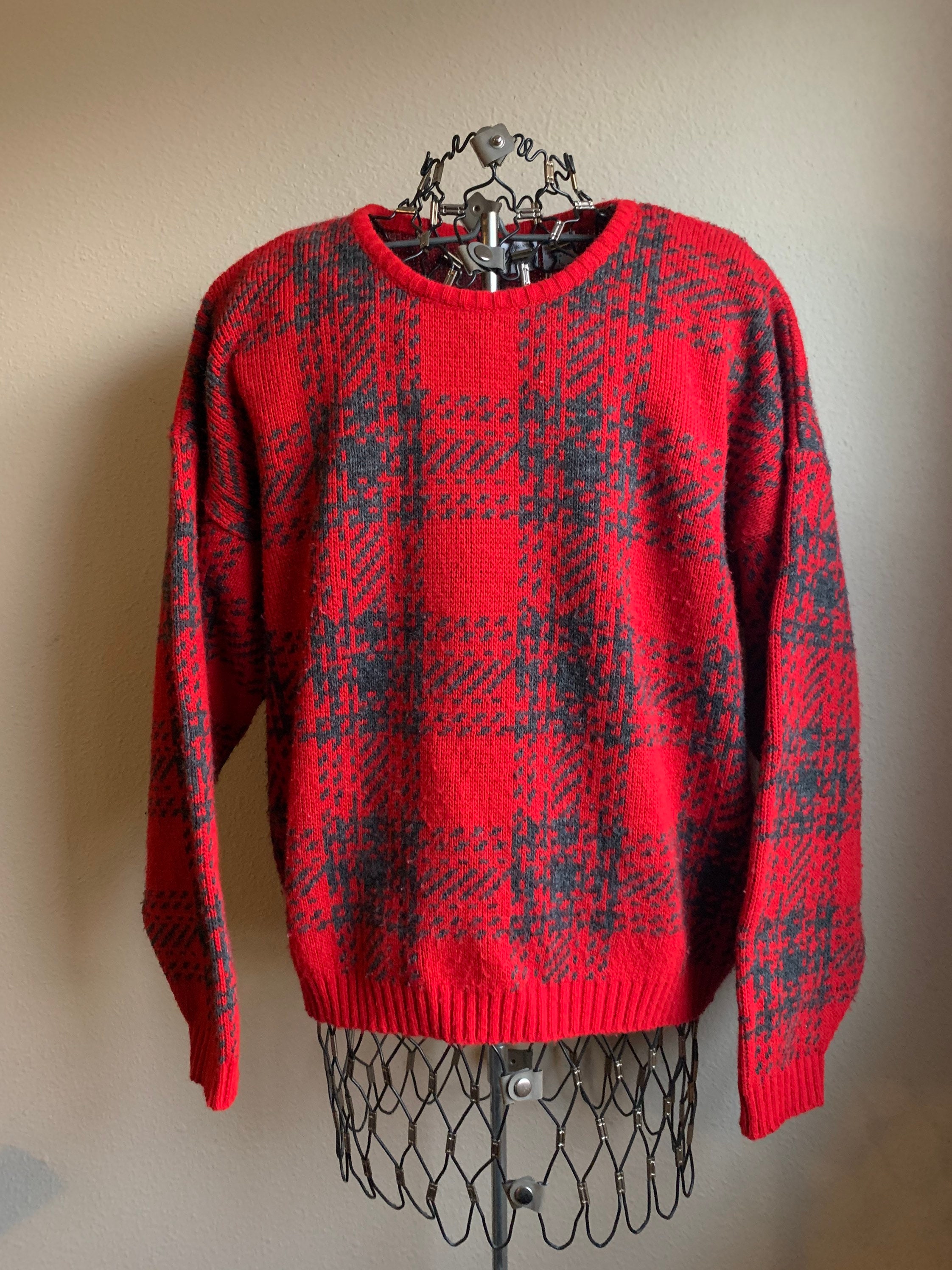 Vintage Maglificio Florence Wool Blend Red Green Pullover Sweater Women's Unisex Medium Large Made in Italy