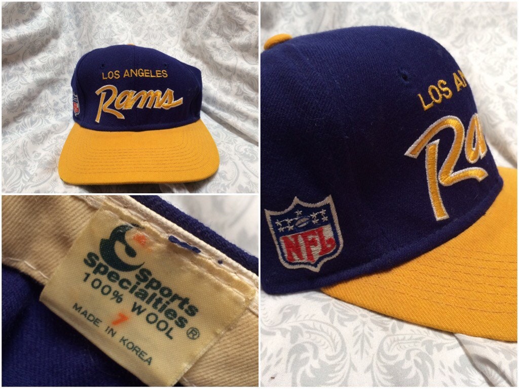Vintage Los Angeles Rams Hat Blue Yellow Sports Specialties Wool Fitted Cap 90's Size 7 Made in Korea