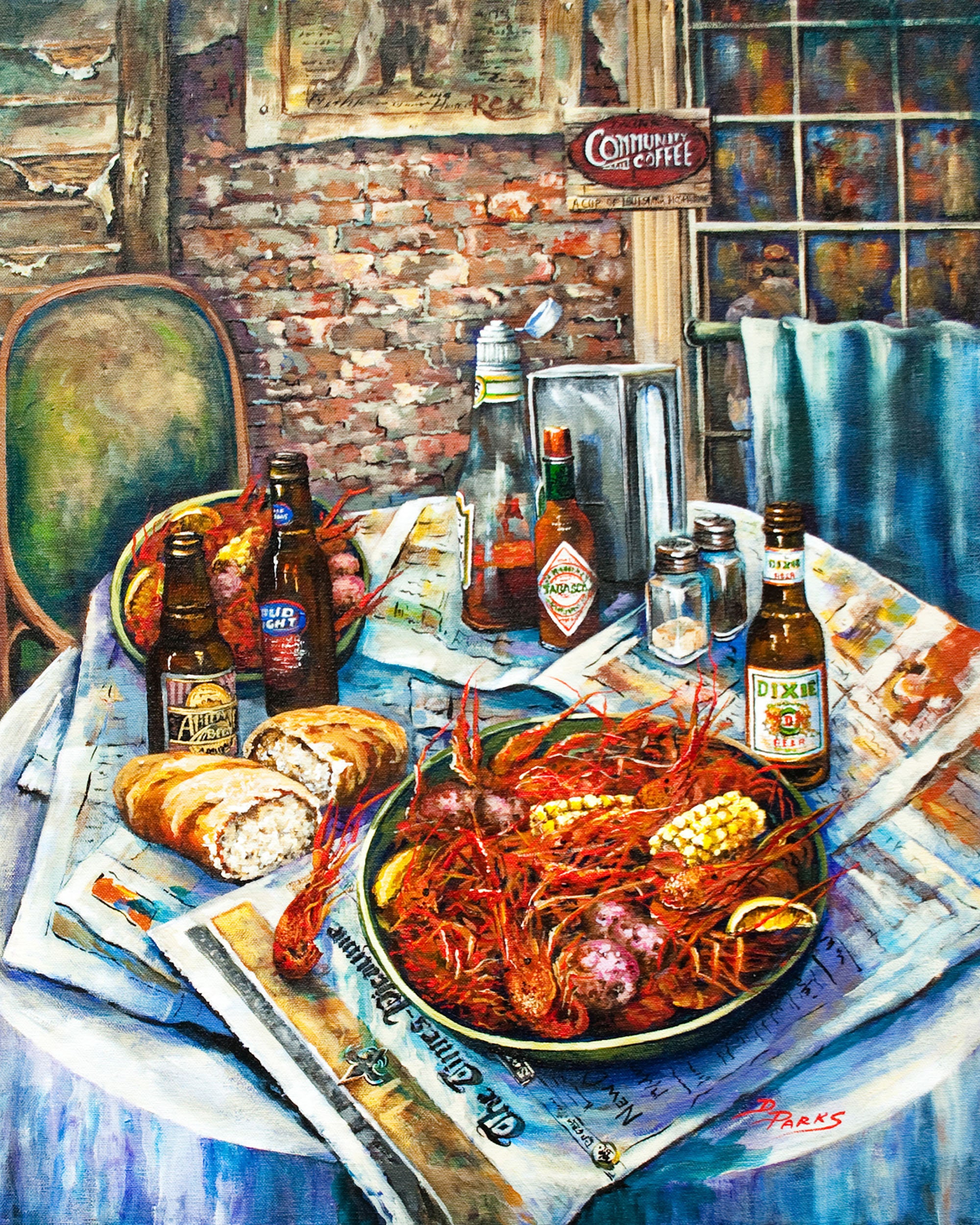 Crawfish Painting, New Orleans Boiled Seafood Art, Louisiana Table With Beer, Corn, - "Louisiana Saturday Night'