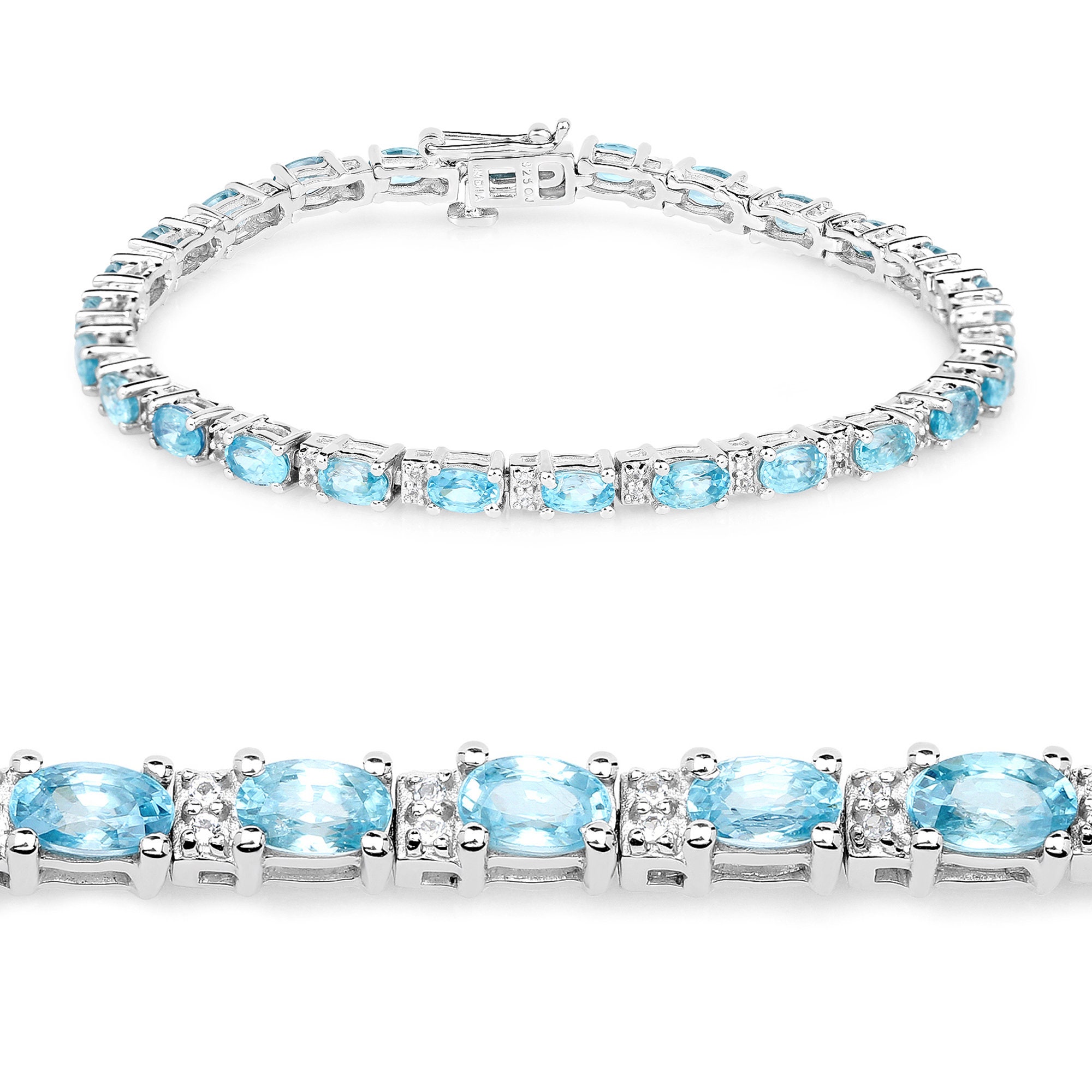 Blue Zircon Bracelet, Natural Ovals Silver Tennis Gemstone Bracelet For Her, Anniversary Gift