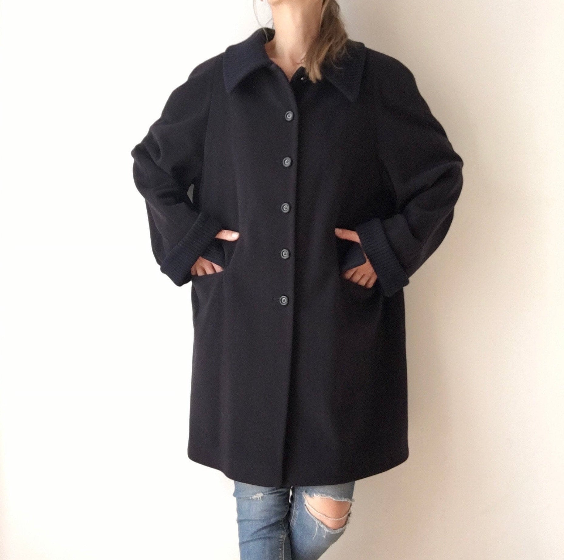 Vintage Wool Blend Coat For Women, Warm Winter Coat, Buttoned Navy Blue Overcoat