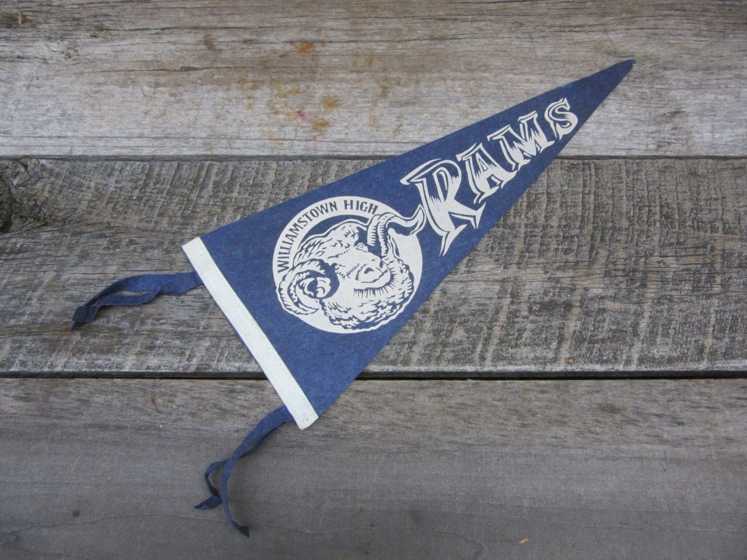 Vintage High School Pennant Williamstown Rams Blue & White 1960S Felt Flag Collectible Sports Decor Gameroom Man Cave