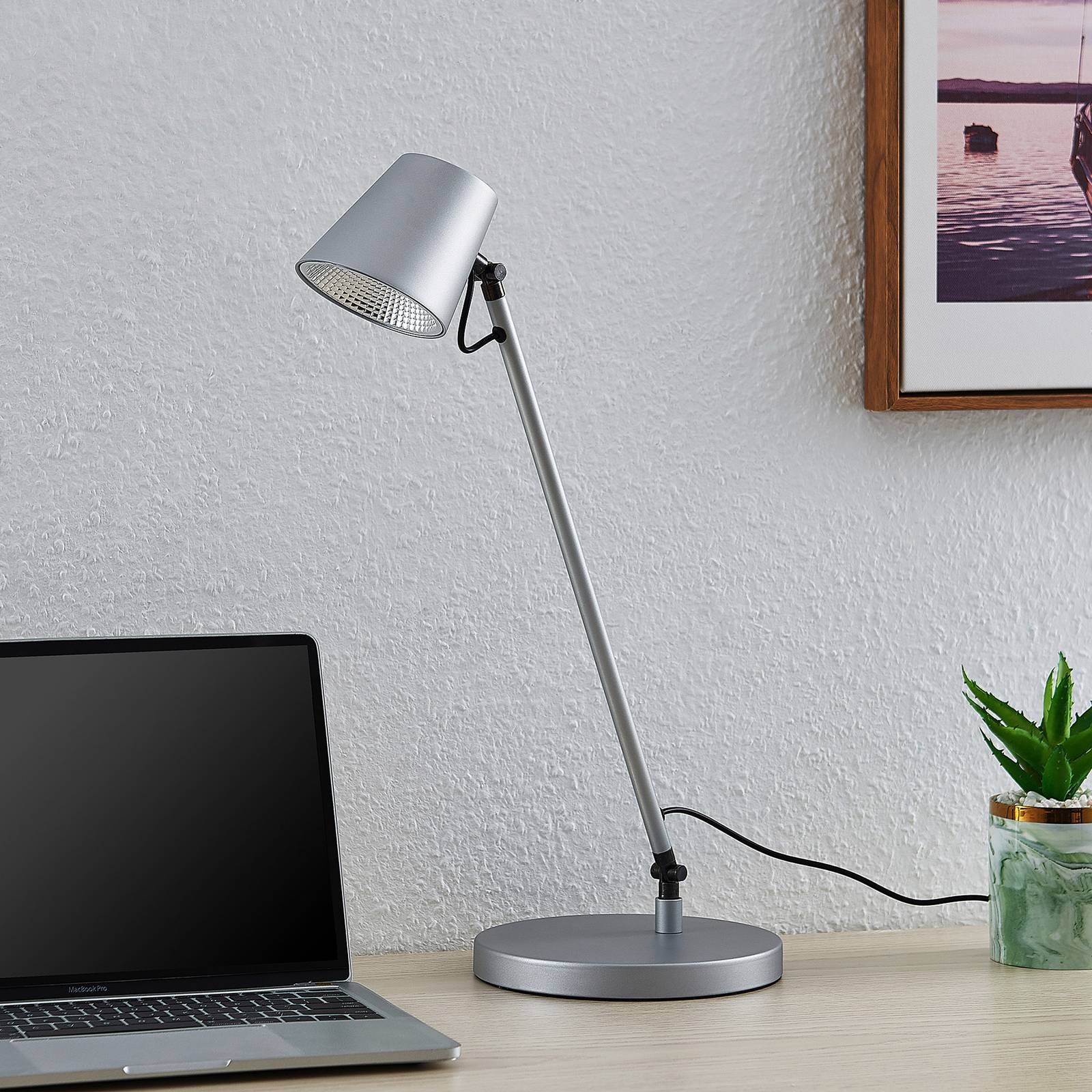 Lucande Kenala -LED-pöytälamppu, hopea