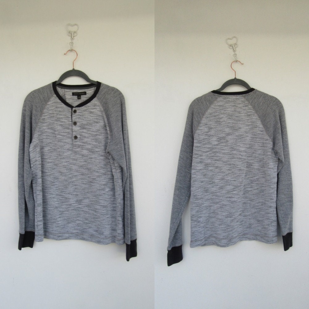90S Mens Heathered Gray Cotton Blend Henley | Long Sleeve Waffle Texture Tee Thermal S