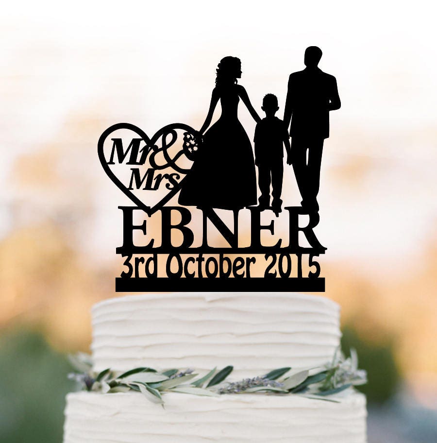 Family Wedding Cake Topper With Boy, Bride & Groom Silhouette Personalized Wedding Cake Toppers Name, Funny Date