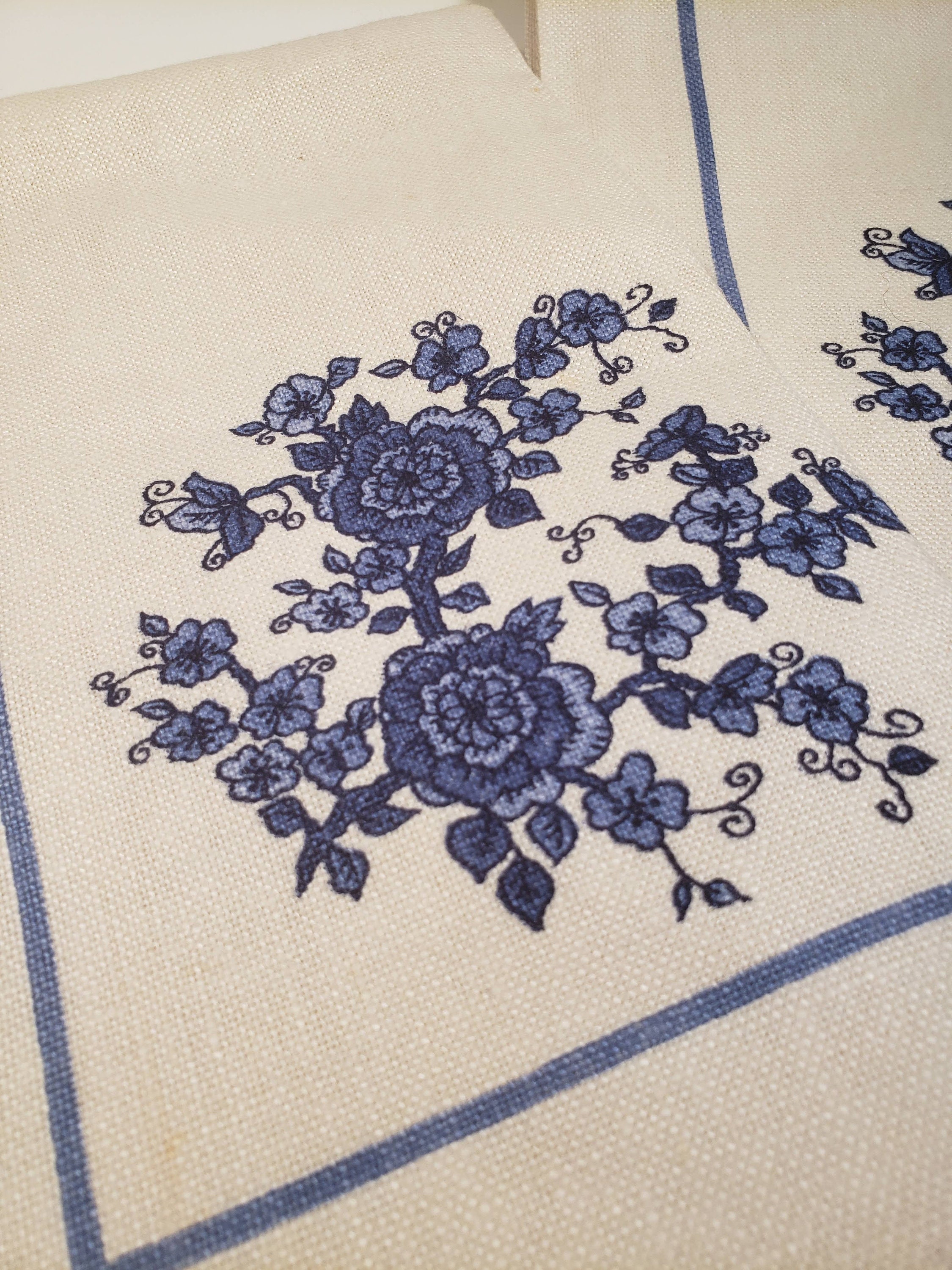 3 Vintage Cotton/Linen Blend Rectangle Napkins Or Placemats With Blue Flowers