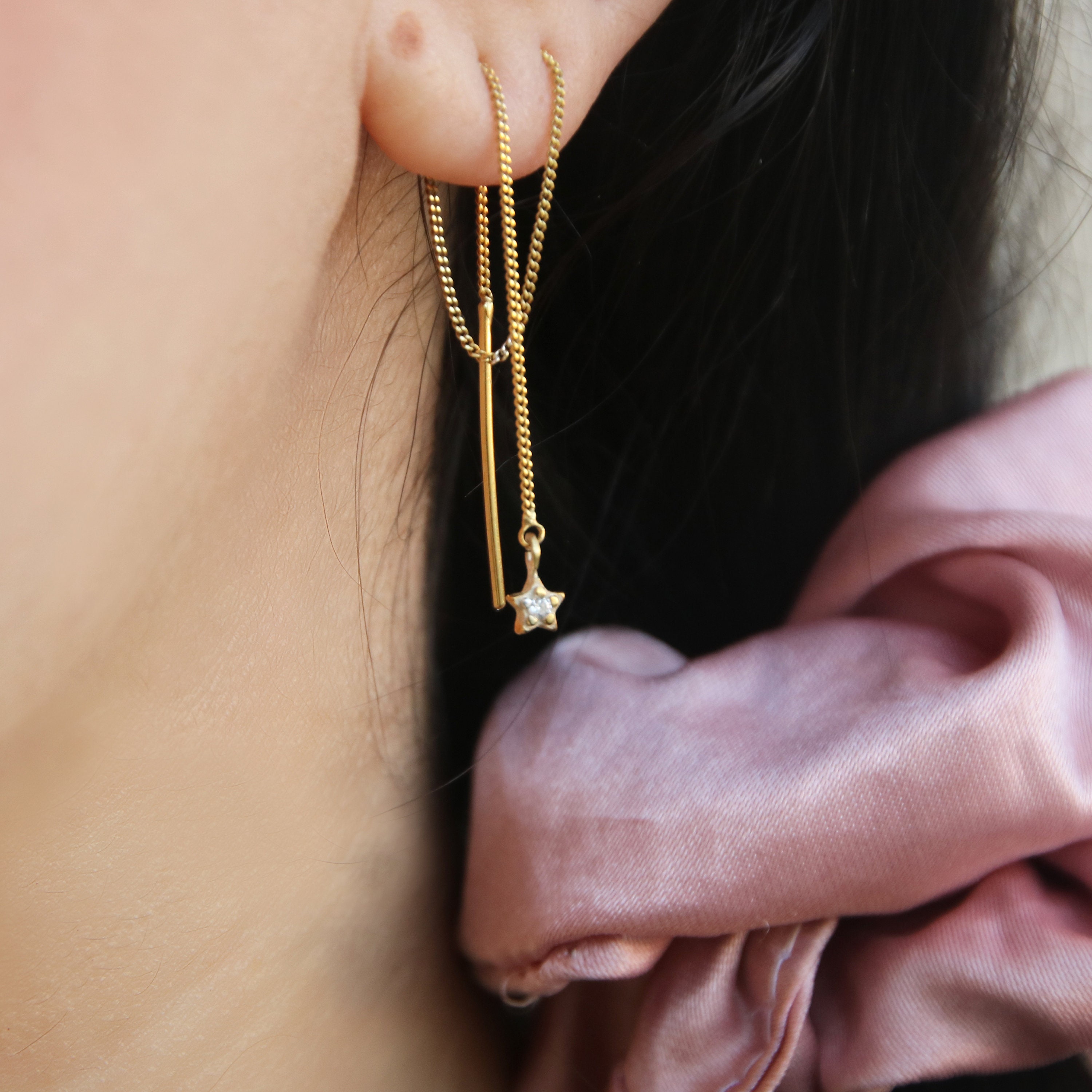 Gold Star Threader Earrings, Drop Earring, Long Chain Earrings