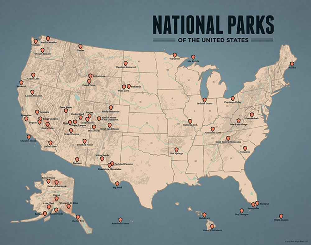 Us National Parks Map 11x14 Print