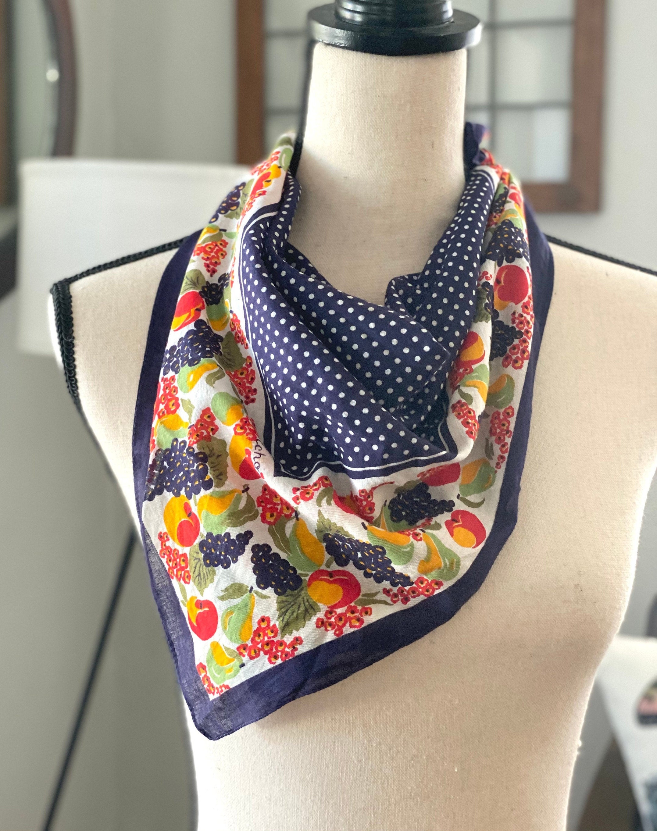 Scarf, Lovely Echo Linen Cotton Blend Hand Screened Scarf Or Decorative Sash, Vintage Ladies With Fruit & Dots, Fashion
