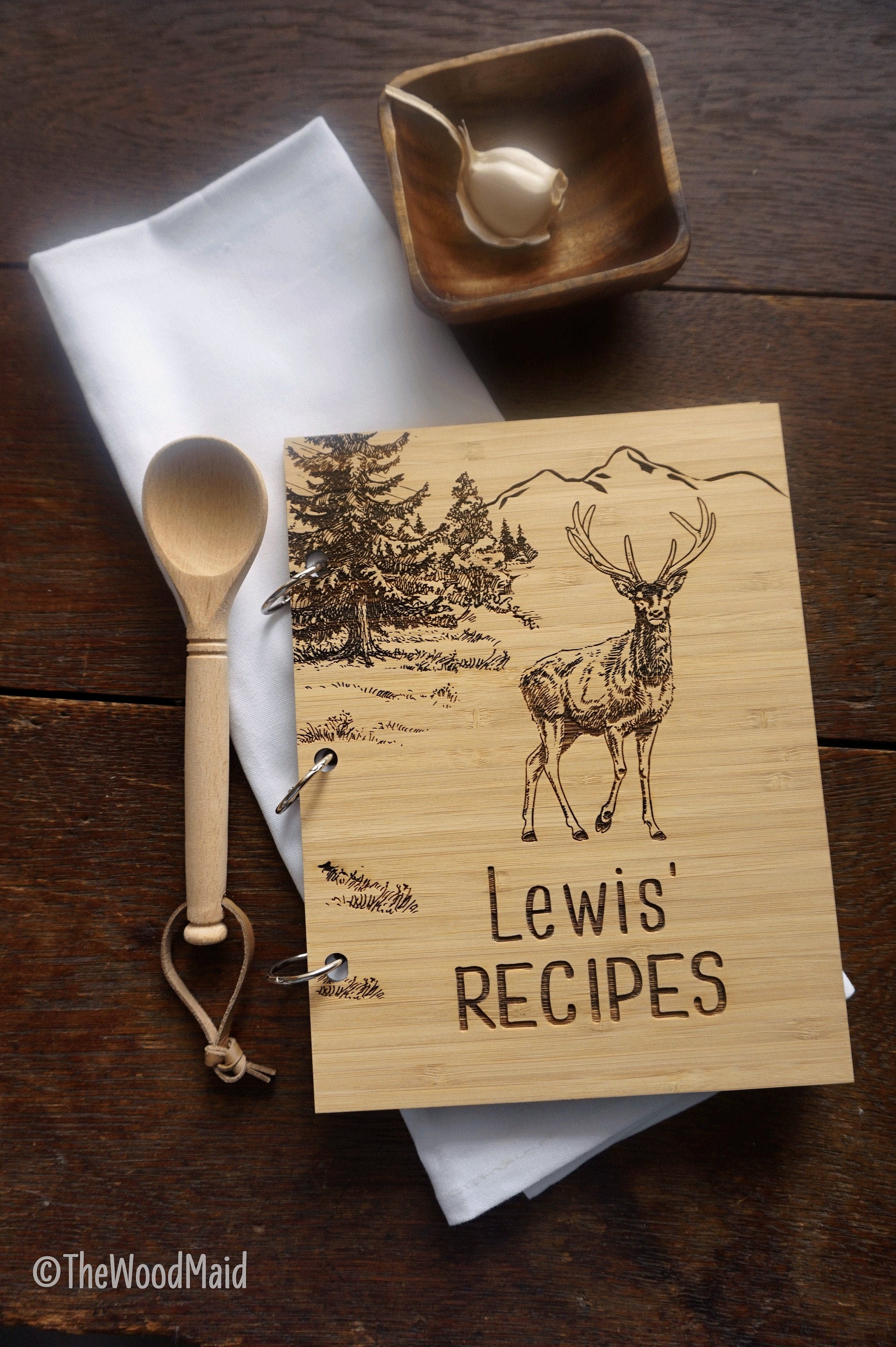 Recipe Book Christmas Gift For Him, Engraved Wooden Mini Binder With Recipe Card Inserts