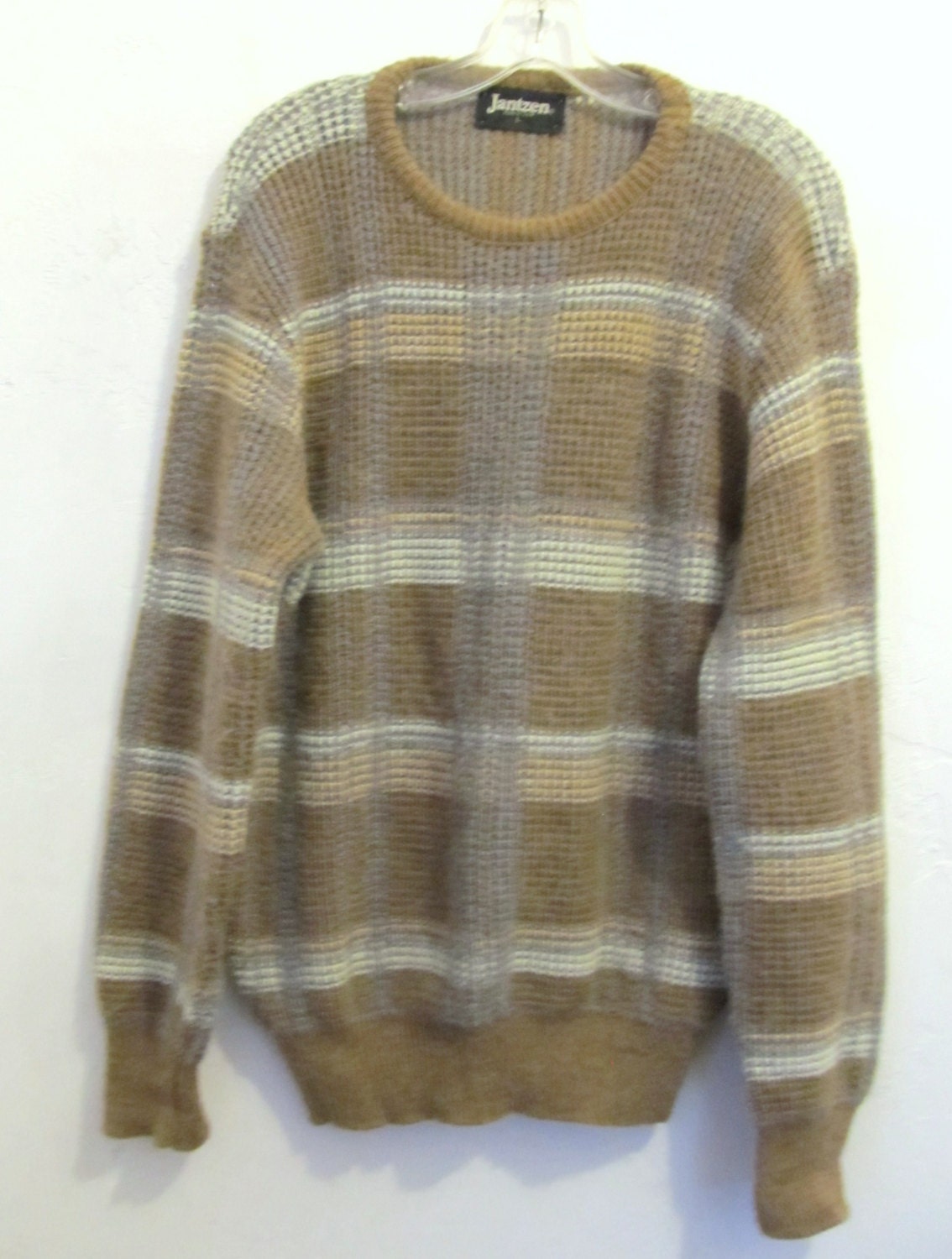A Men's Vintage 70's, Bulky Brown Wool-Blend Windowpane Sweater By Jantzen.l