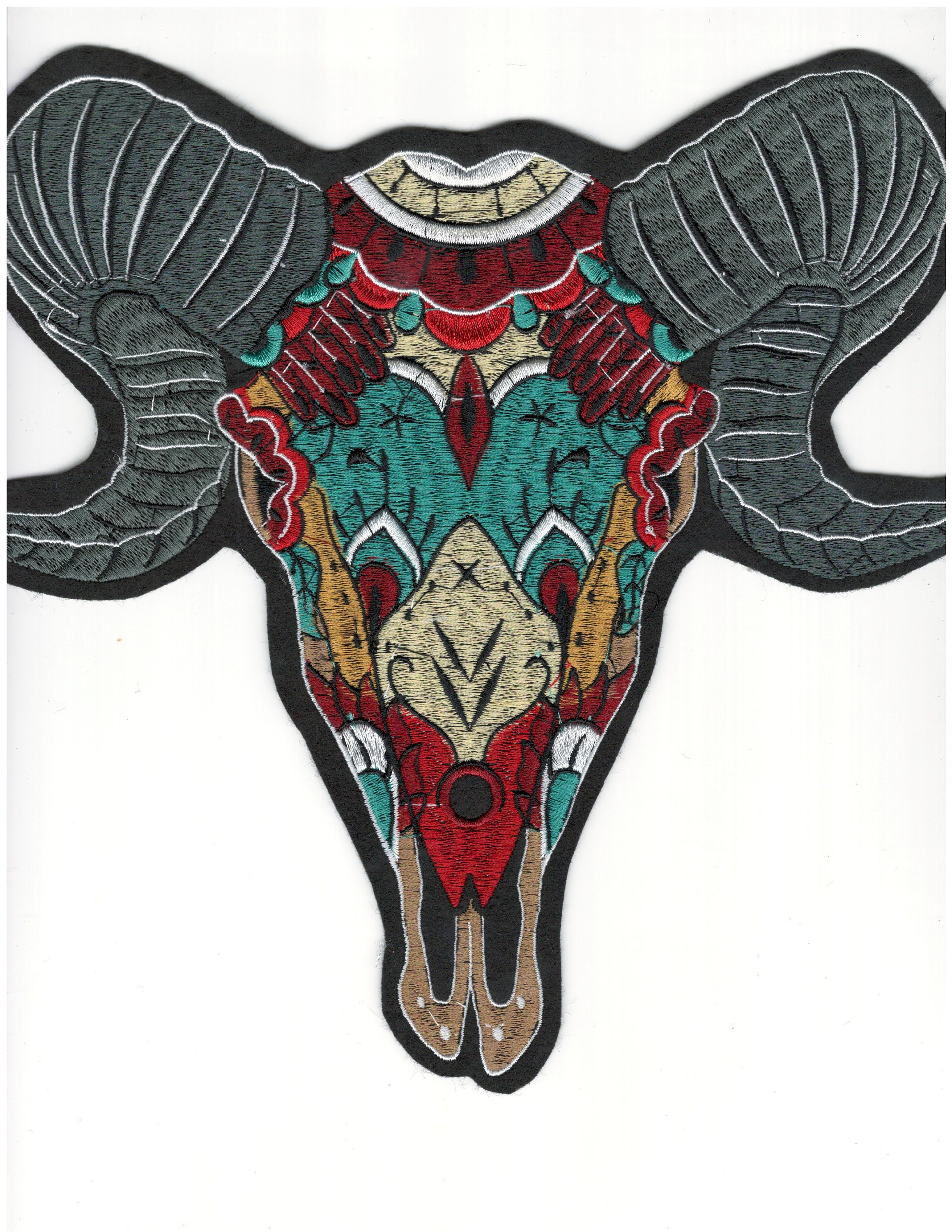 Large Colorful Rams Head Skull Iron-On Embroidered Patch -Big Sheep Embroidery For Clothes, Jackets, Backpacks -Iron On Back 101