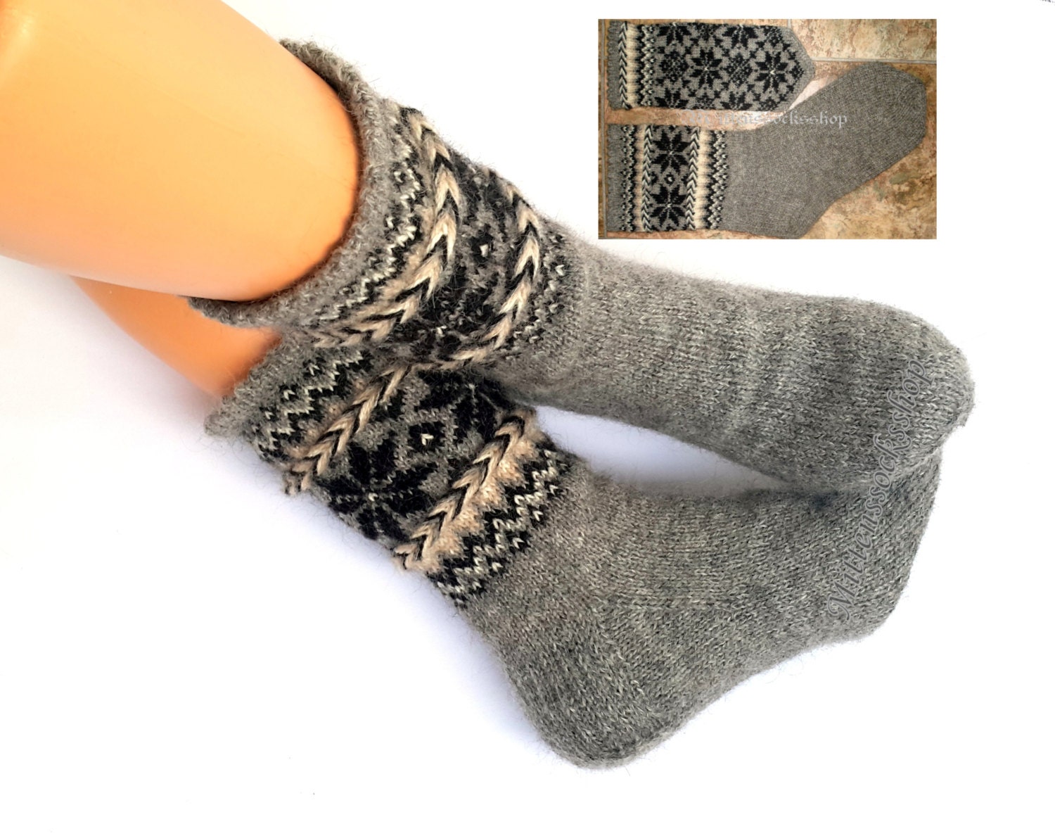 Hand Knitted Natural Gray Wool Socks With Pattern Knit Women's Girl's Men's