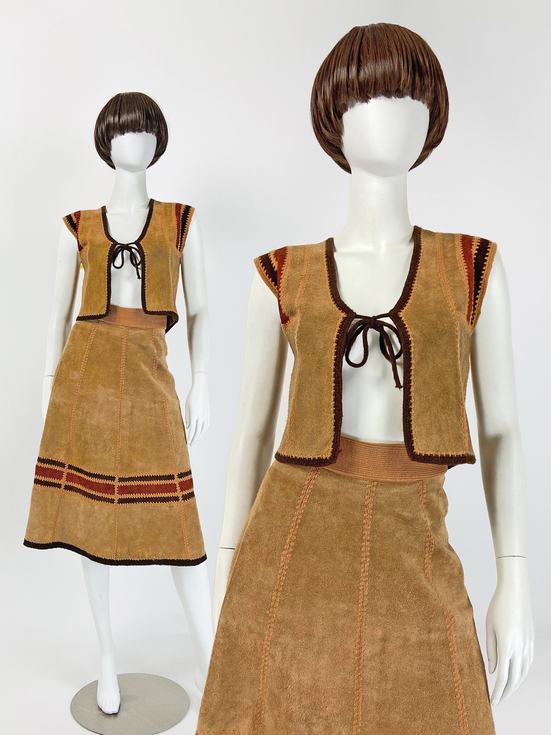 Vintage Suede Skirt Set 70S, & Vest Set, Boho Clothing Women, Festival Clothing, 70S Xs Small Size 2 4 Us, 6 8 Uk P443
