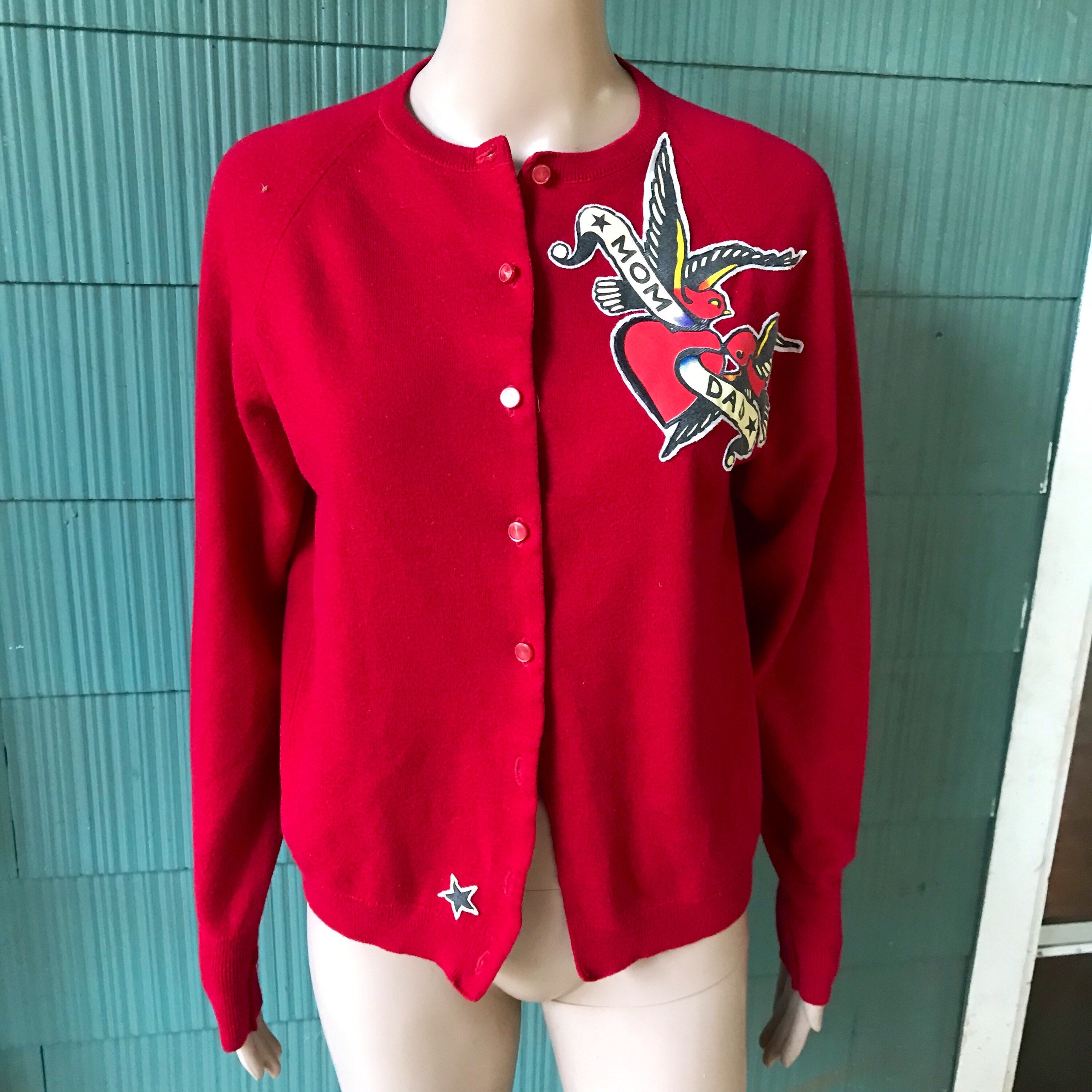 Vintage 50's Red Knit Wool Blend Mom & Dad Tattoo Design Patch Cardigan Sweater By Peggy's Pride Size Medium
