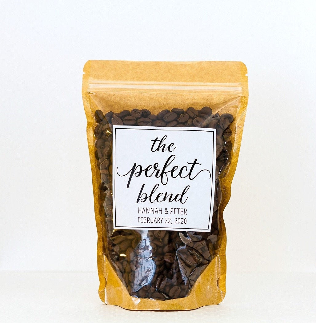 Wedding Favor Bags - The Perfect Blend Personalized Coffee Favors For Guests // Stand Up Zip Pouch With Labels