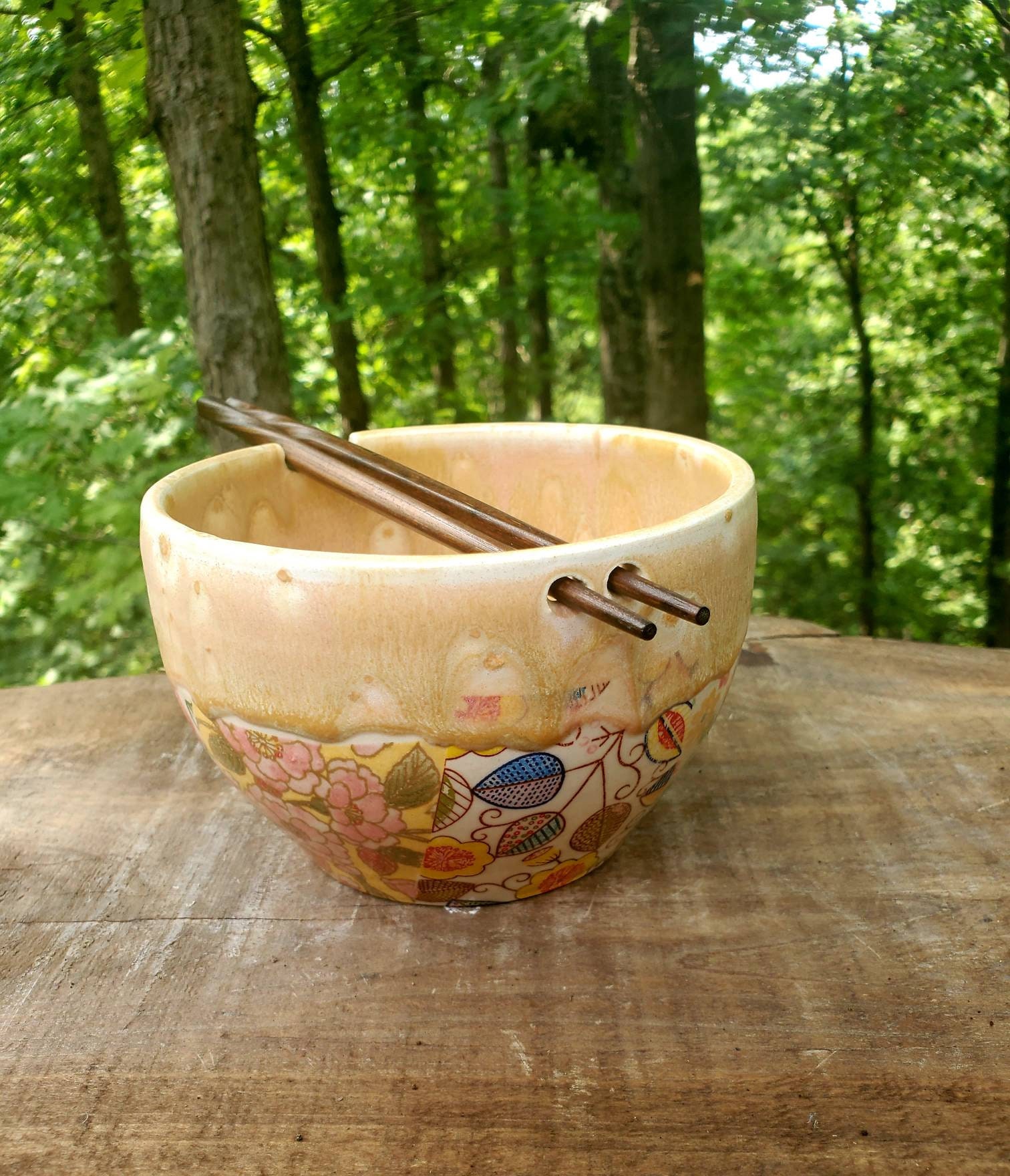 Handmade Noodle Bowl With Chopsticks, Multi Patterned Drippy Glaze, Stoneware, Rice Stir Fry Bowl, 2.5 Cups, Free Shipping