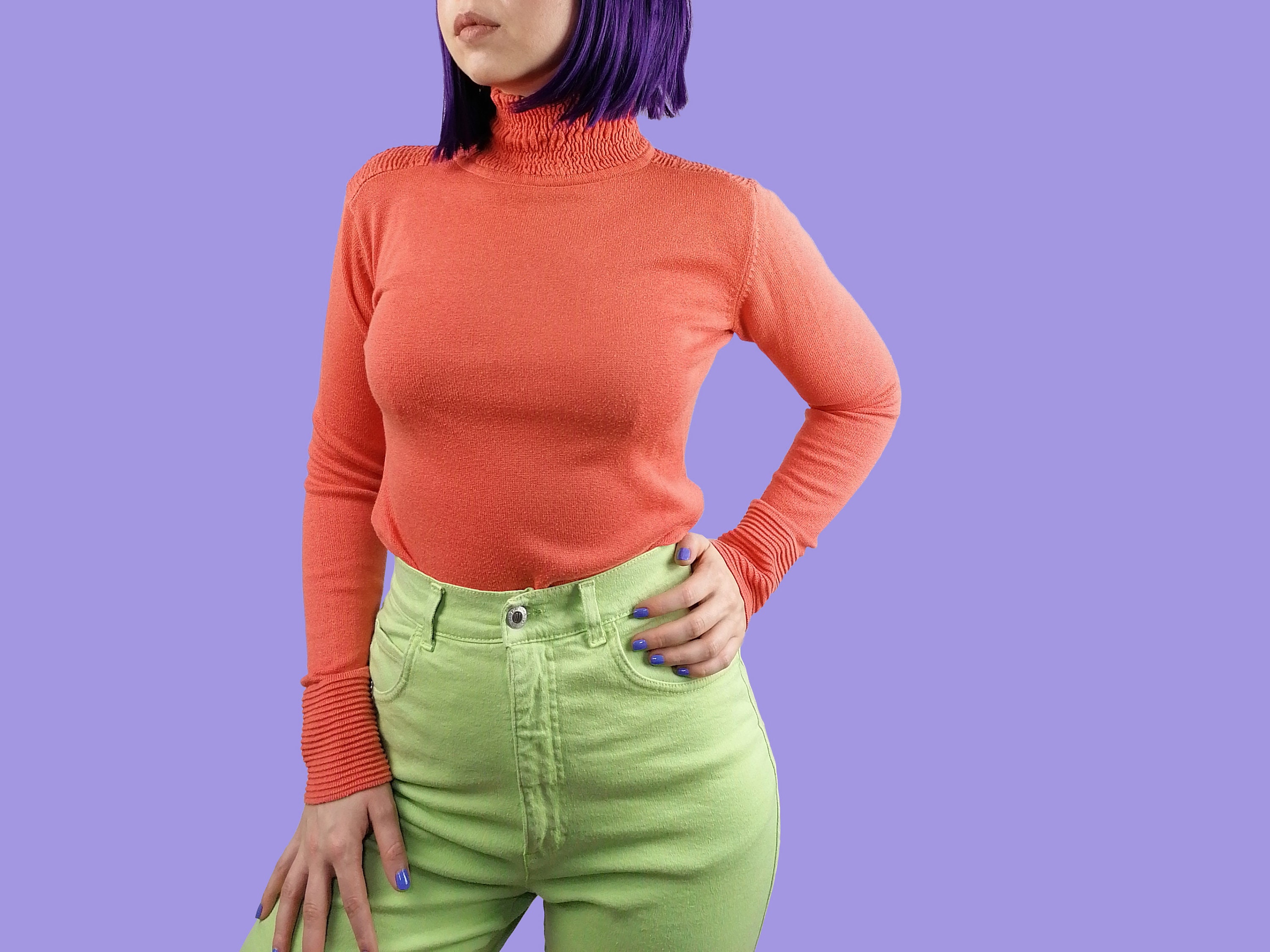 Vintage 90's Cotton Blend Knit Turtleneck Sweater Ruched Collar in Orange