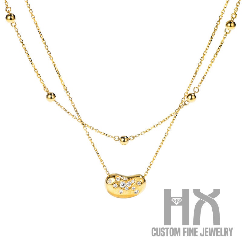 Diamond Lucky Bean Pendant Double Strand Necklace in Solid 18K Gold/Custom Fine Jewelry/Personalization Design/Gift For Women & Girls