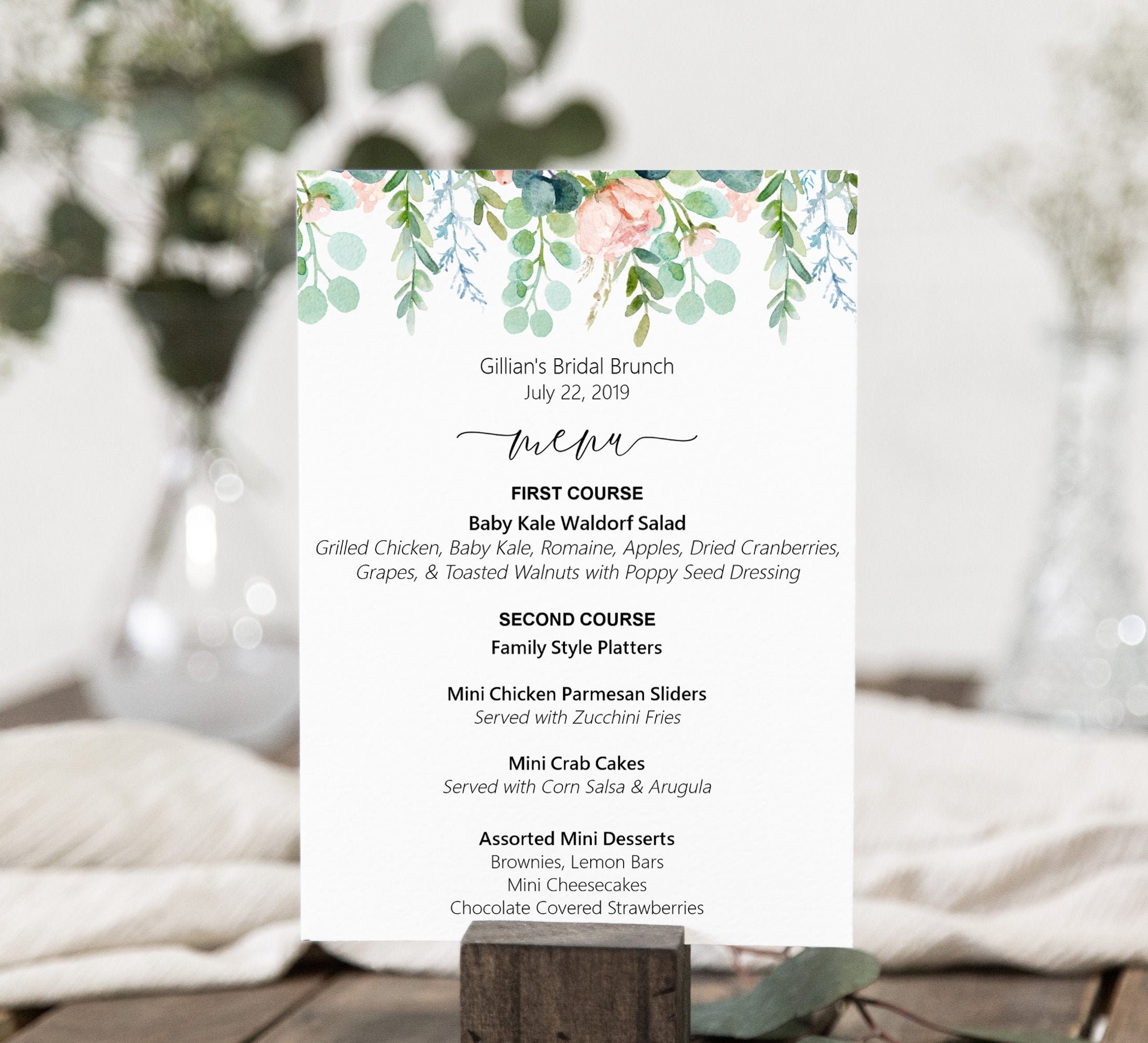 Boho Menu Printable Wedding Sign Card Personalized Eucalyptus Pink Floral B85 C73