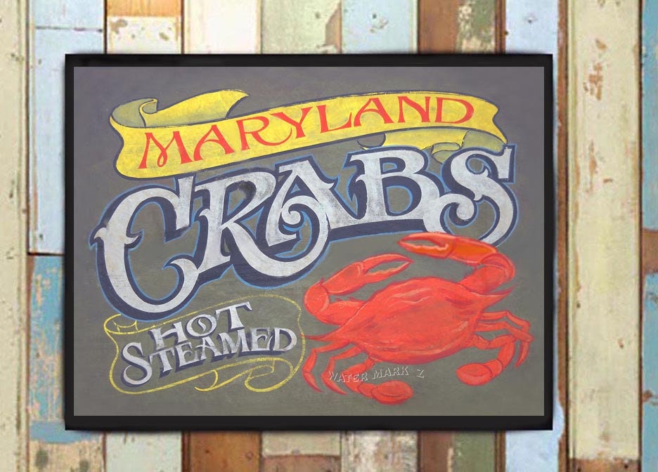 Maryland Crab Seafood Print From An Original Hand Painted & Lettered Sign. Beach House Decor, Hot Steamed Crabs, Art, Collect