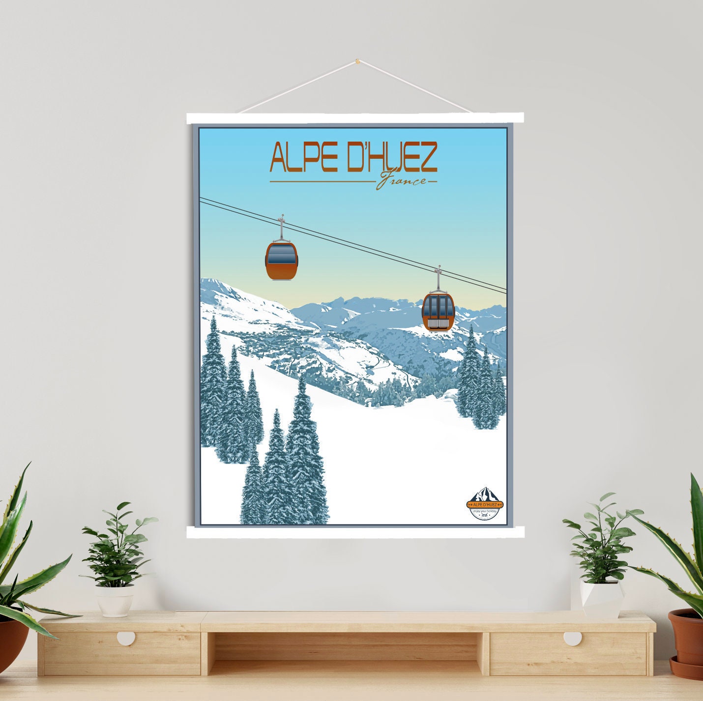 Alpe D'huez France Modern Illustration Print | Hanging Canvas Of Alps Ski Resort Printed Marketplace