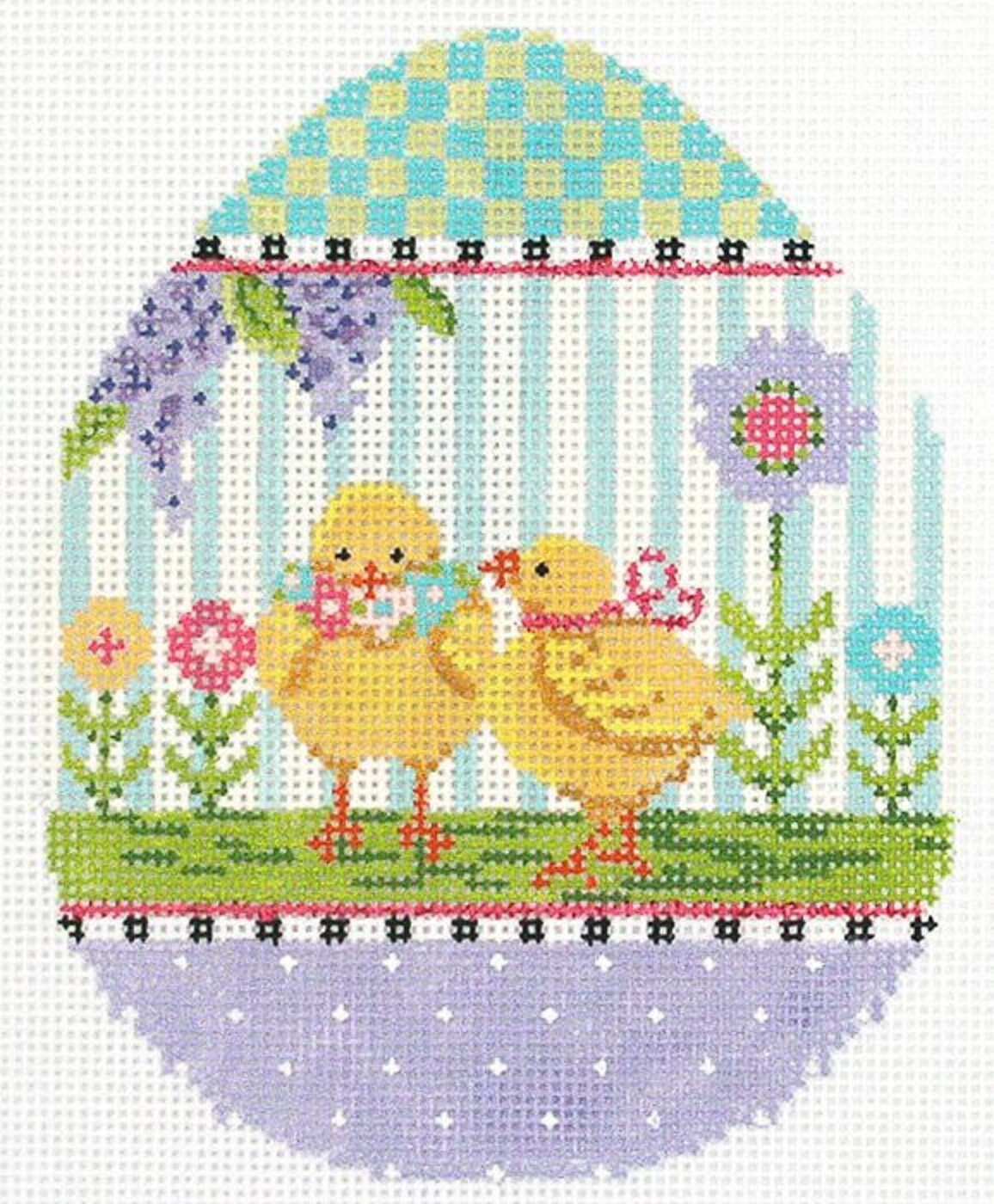 Needlepoint Handpainted Kelly Clark Easter Egg Pair O Chicks 4x5 -Free Us Shipping