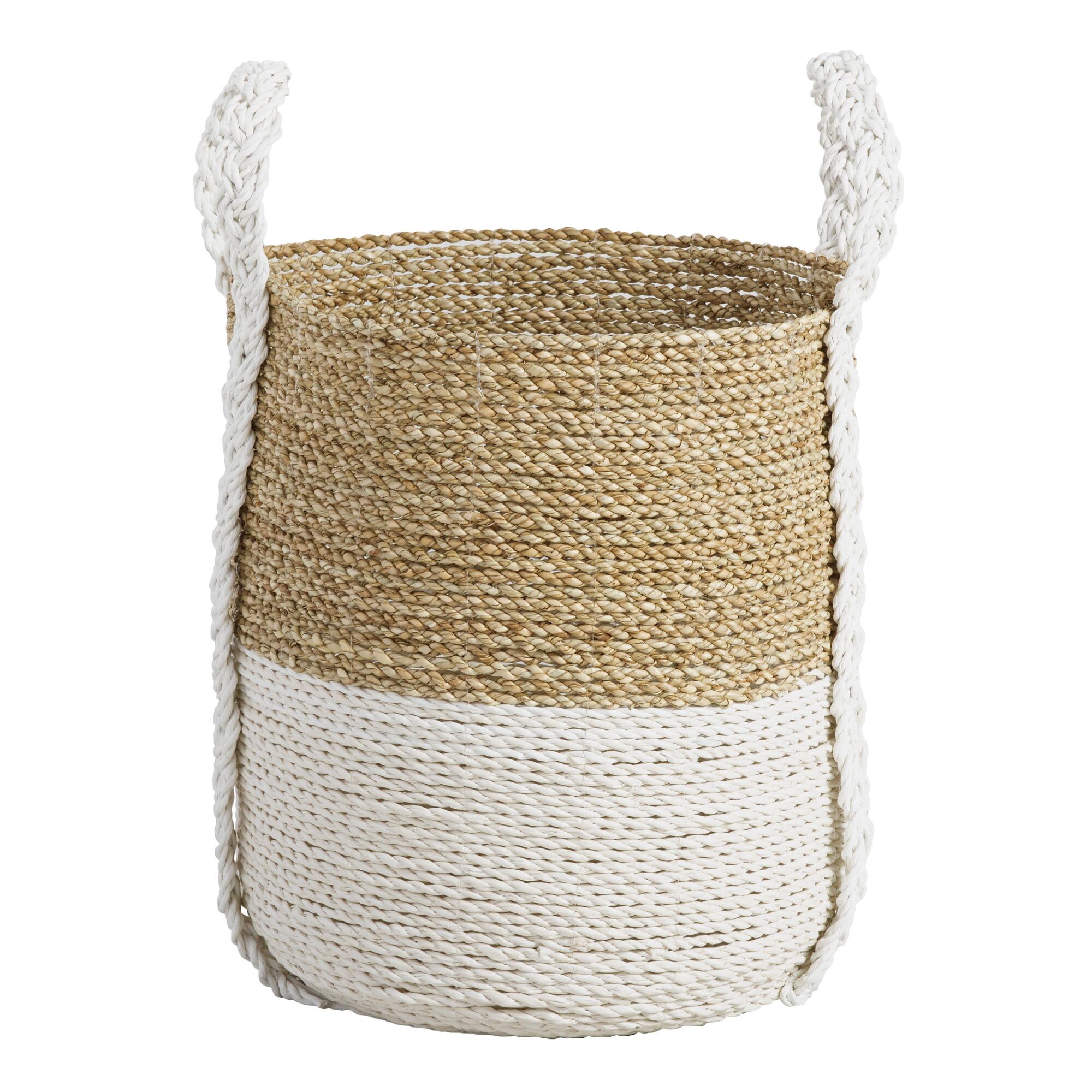 Medium Two Tone Seagrass Bianca Tote Basket: White - Natural Fiber by World Market