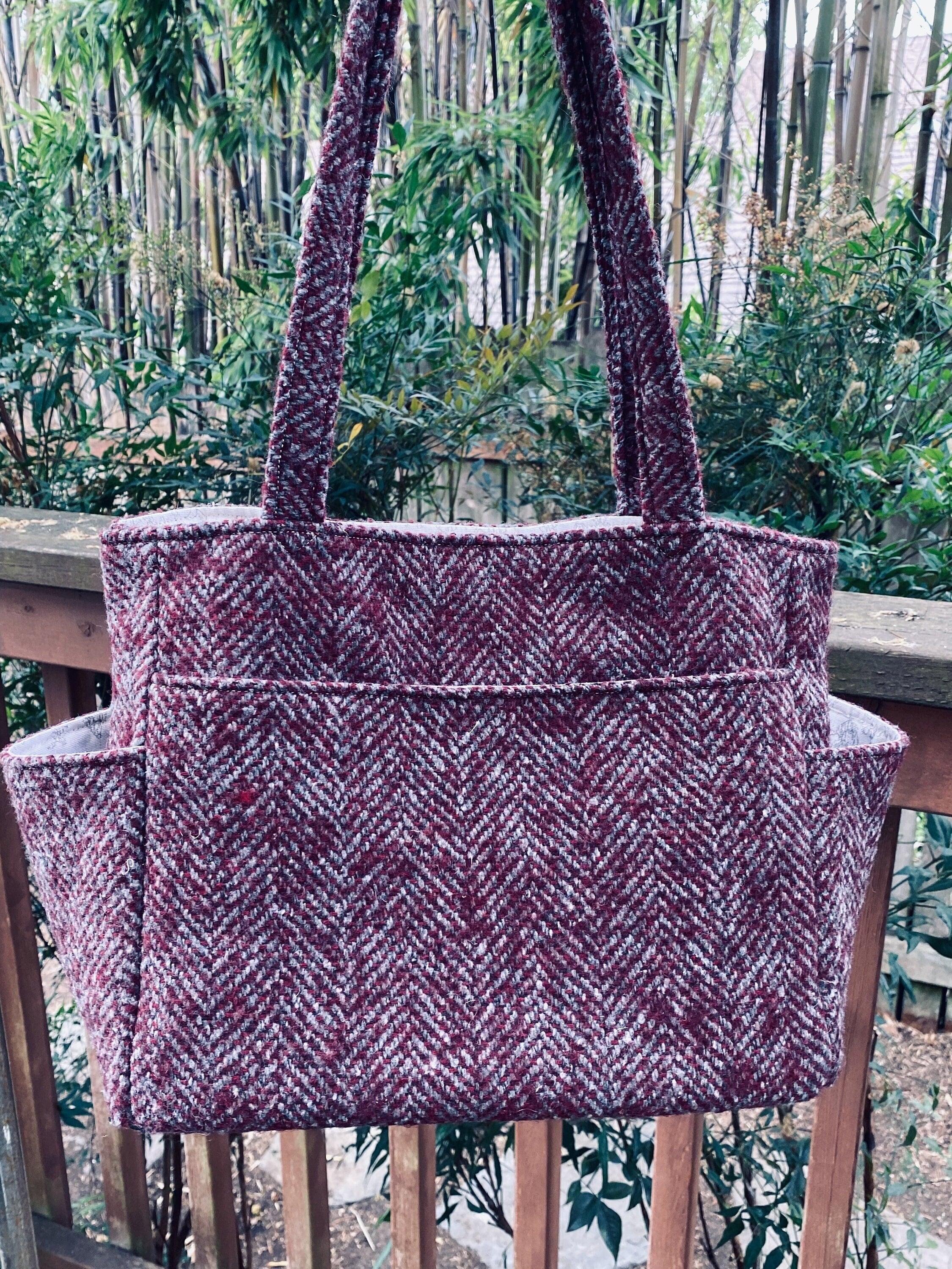 Katrina#2144, Wool Blend Tweed Knitting Bag With Pockets, Self Standing Large Project Bag, Sweater Size Burgundy Tote