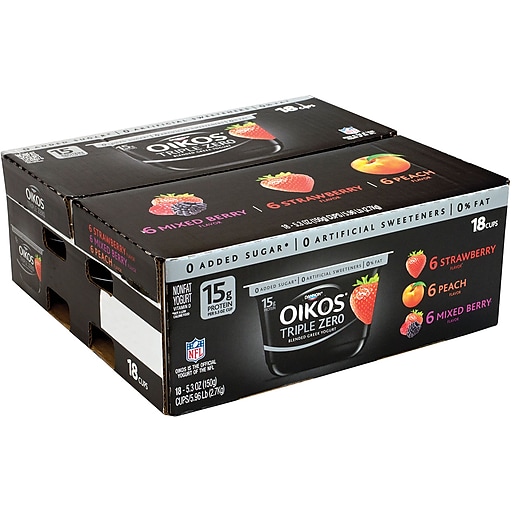 Dannon Oikos Triple Zero Blended Greek Nonfat Yogurt Variety Pack, 5.3 oz., 18/Pack (902-00027)