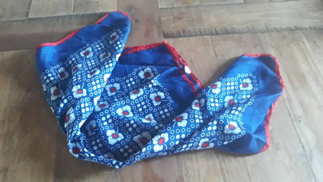 Mid Century Vintage Silk Blend Scarf Bandana Made in Japan Classic Red White & Blue With Polka Dots & 3 Leaf Clovers Rolled Stitched Edges