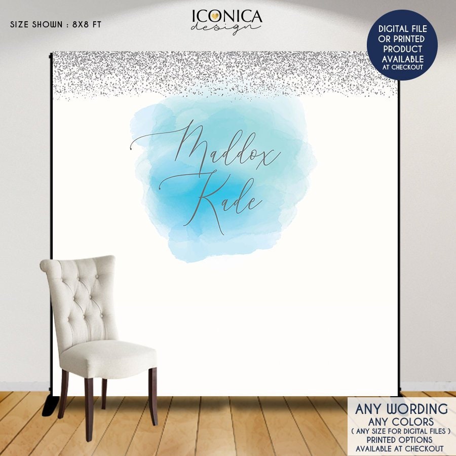 Silver & Blue Watercolor Backdrop, Personalized Photo Printed Or Printable File Bae0021